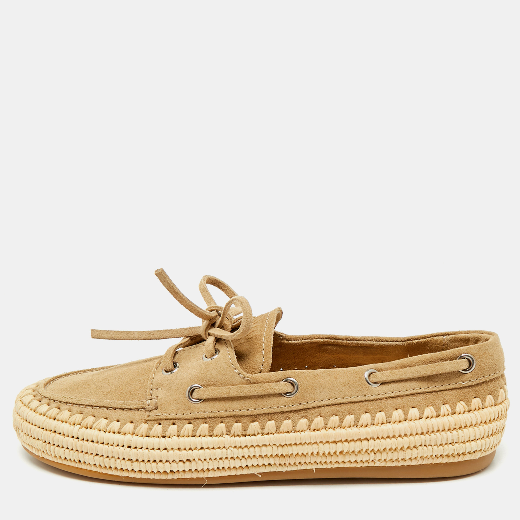 Pre-owned Miu Miu Beige/green Suede And Raffia Boat Loafers Size 37