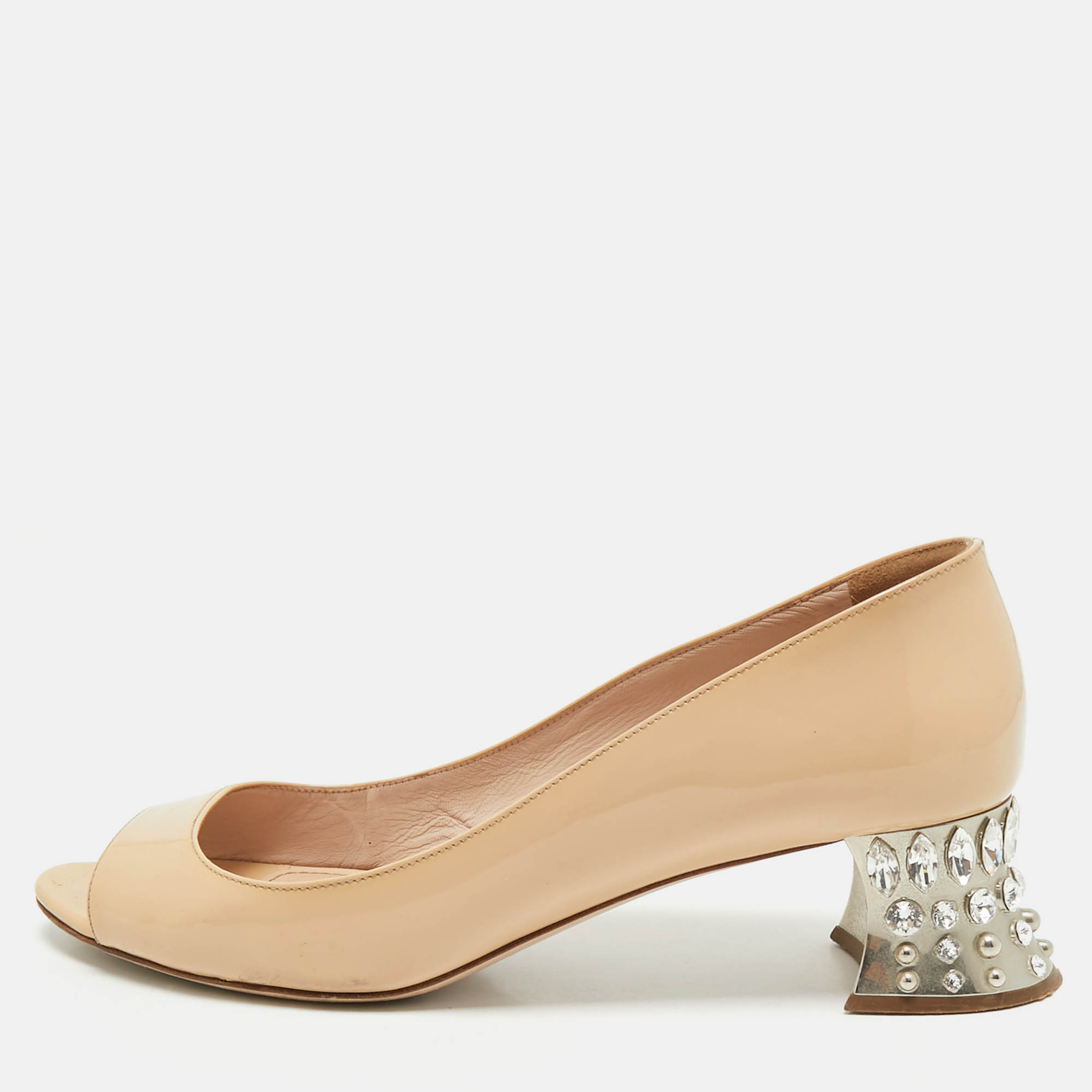 

Miu Miu Beige Patent Leather Crystal Embellished Peep Toe Pumps Size