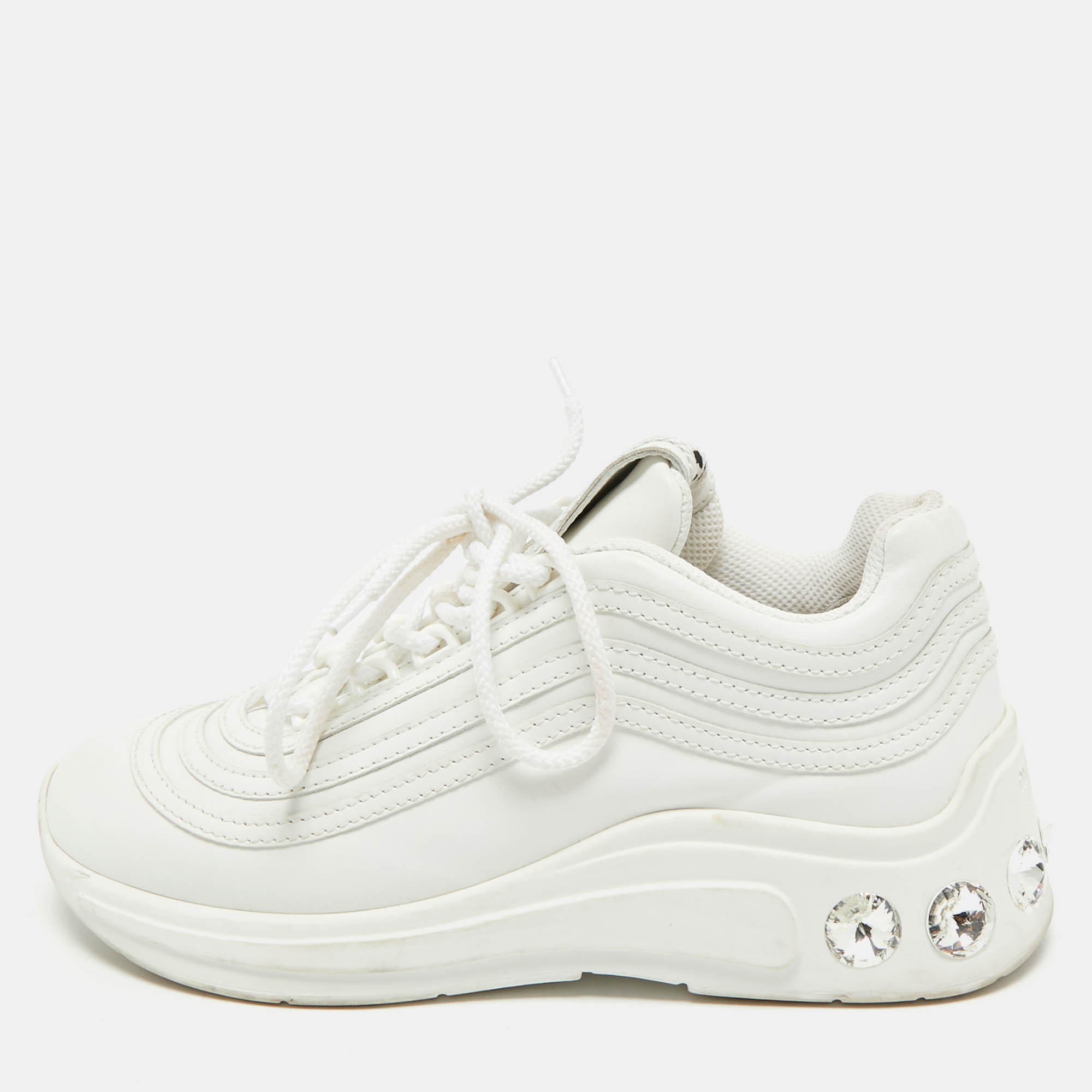 Miu Miu White Leather Crystal Embellished Low Top Sneakers Size 36