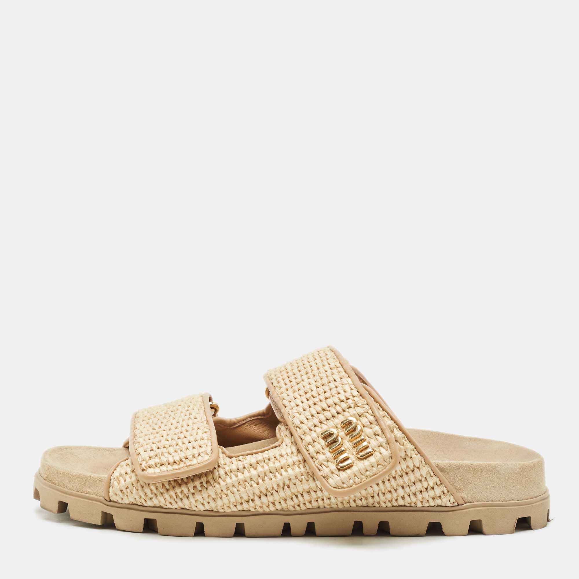 

Miu Miu Beige Woven Raffia Effect Flat Slide Sandals Size
