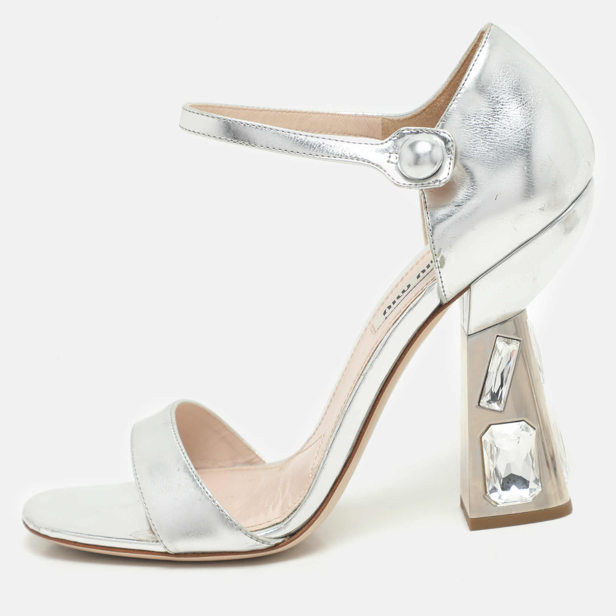 Pre-owned Miu Miu Silver Leather Crystal Embellished Heel Ankle Strap Sandals Size 38