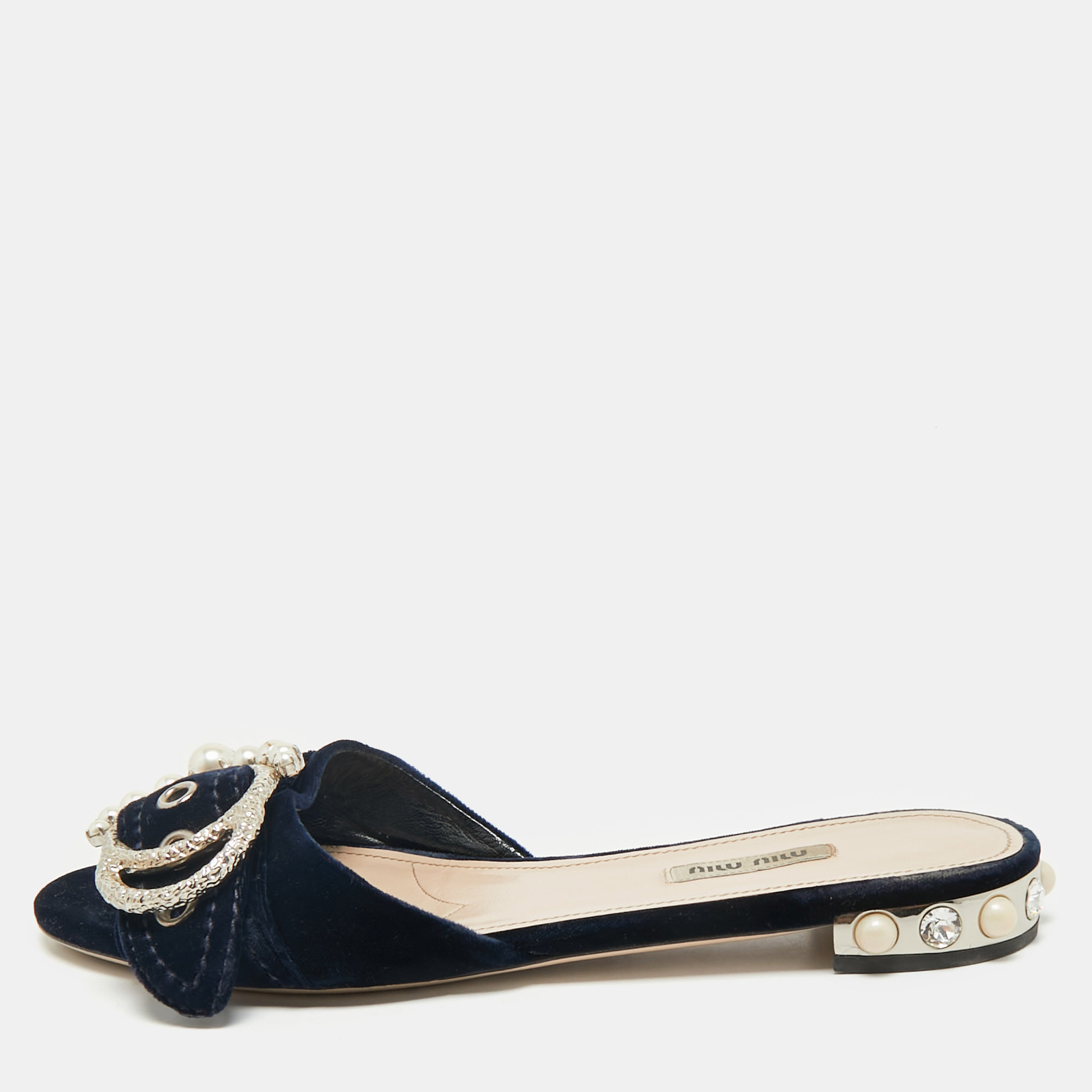 

Miu Miu Navy Blue Velvet Embellished Flat Slides Size