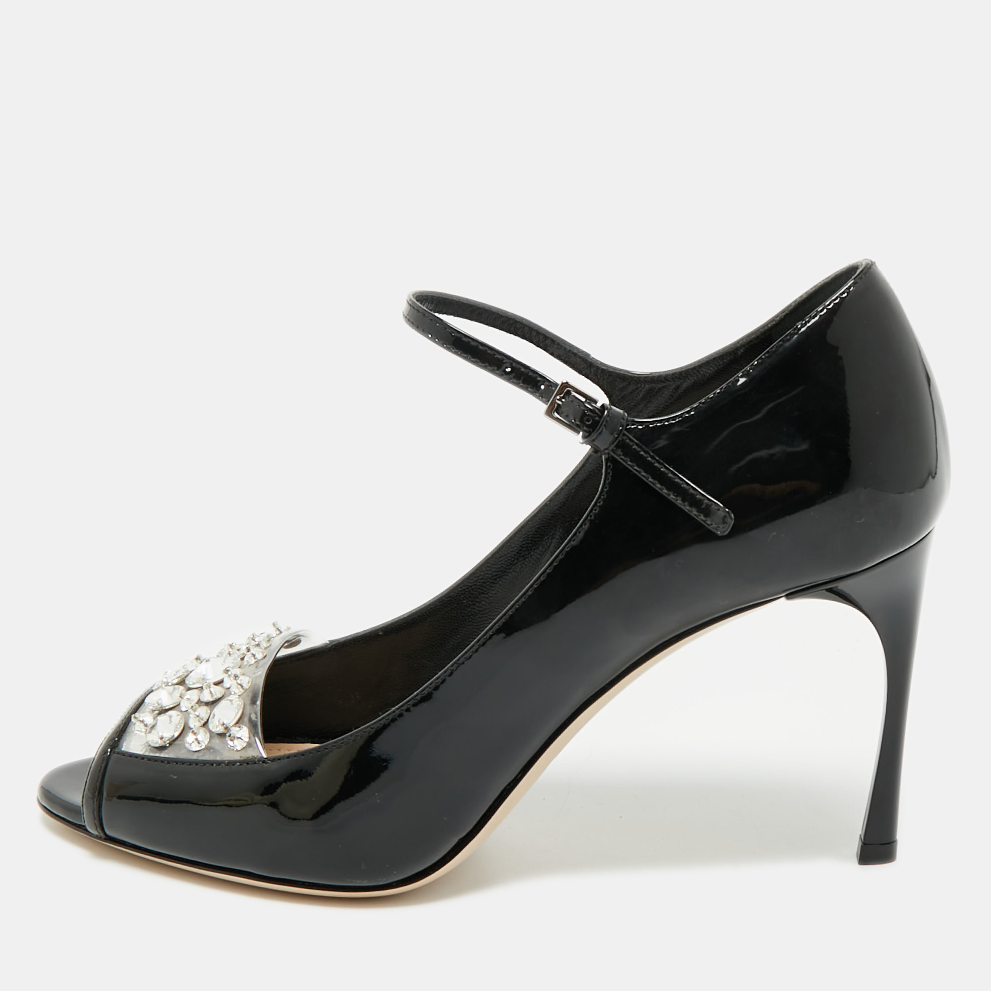 

Miu Miu Black Patent Leather Crystal Embellished Peep Toe Pumps Size