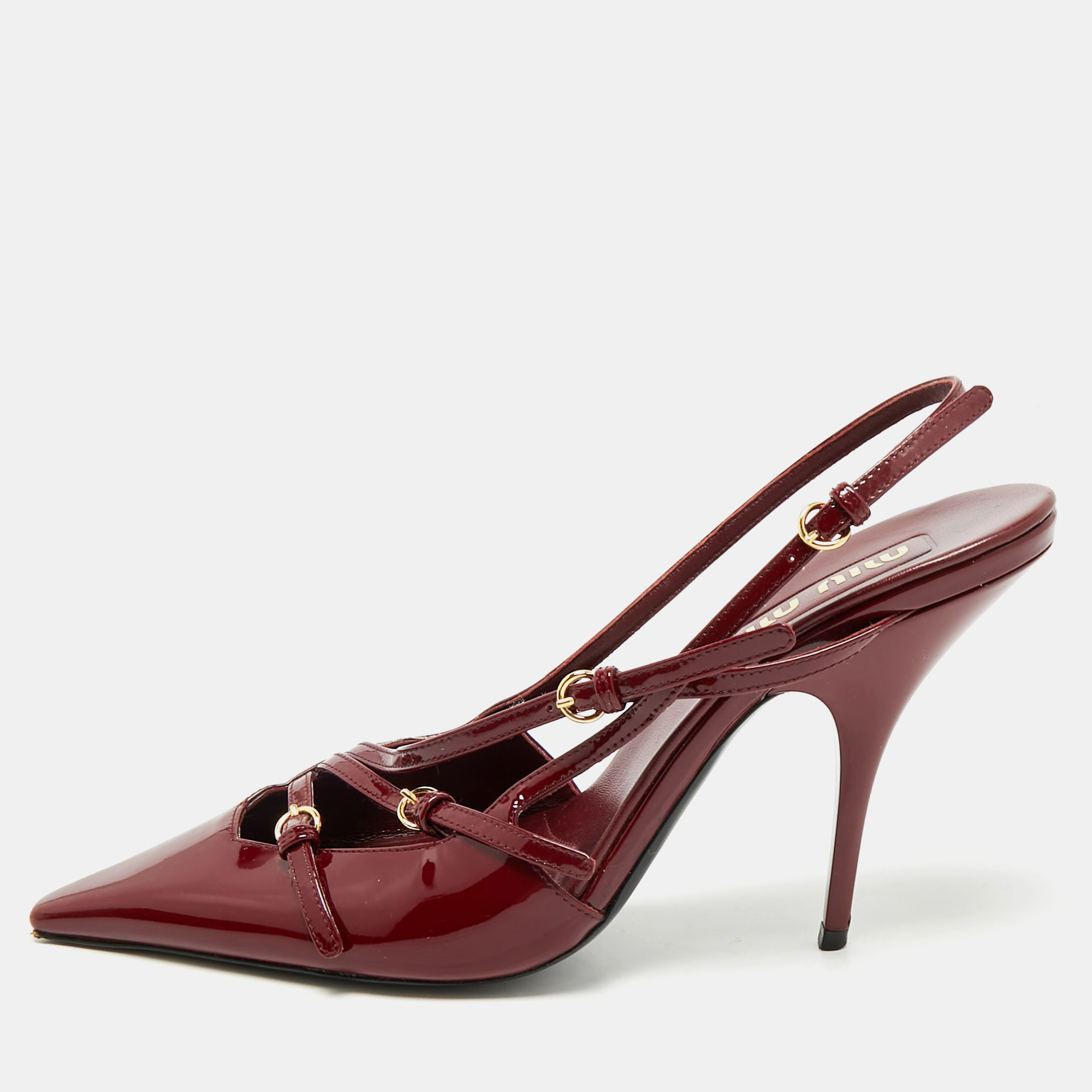 

Miu Miu Burgundy Patent Leather Pointed Toe Buckle Slingback Pumps Size