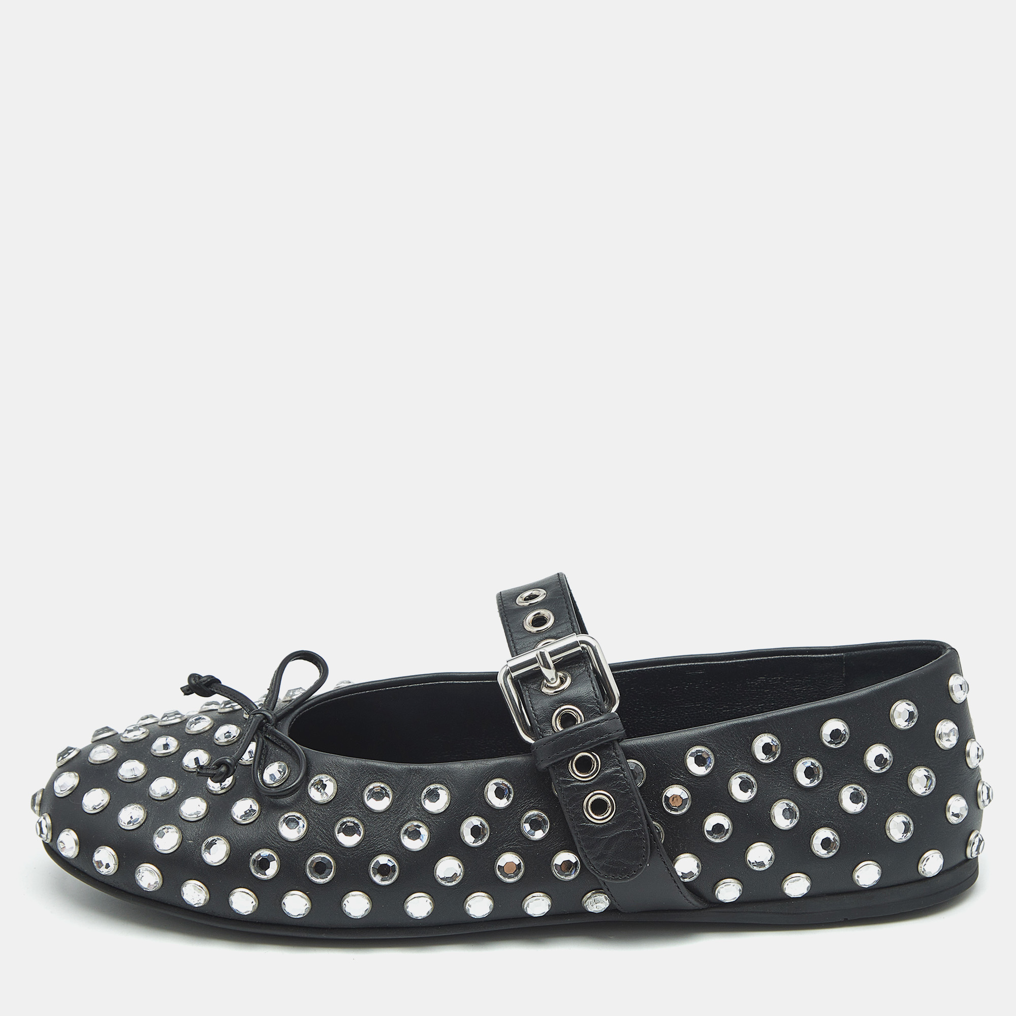 

Miu Miu Black Leather Crystal Embellished Ballet Flats Size