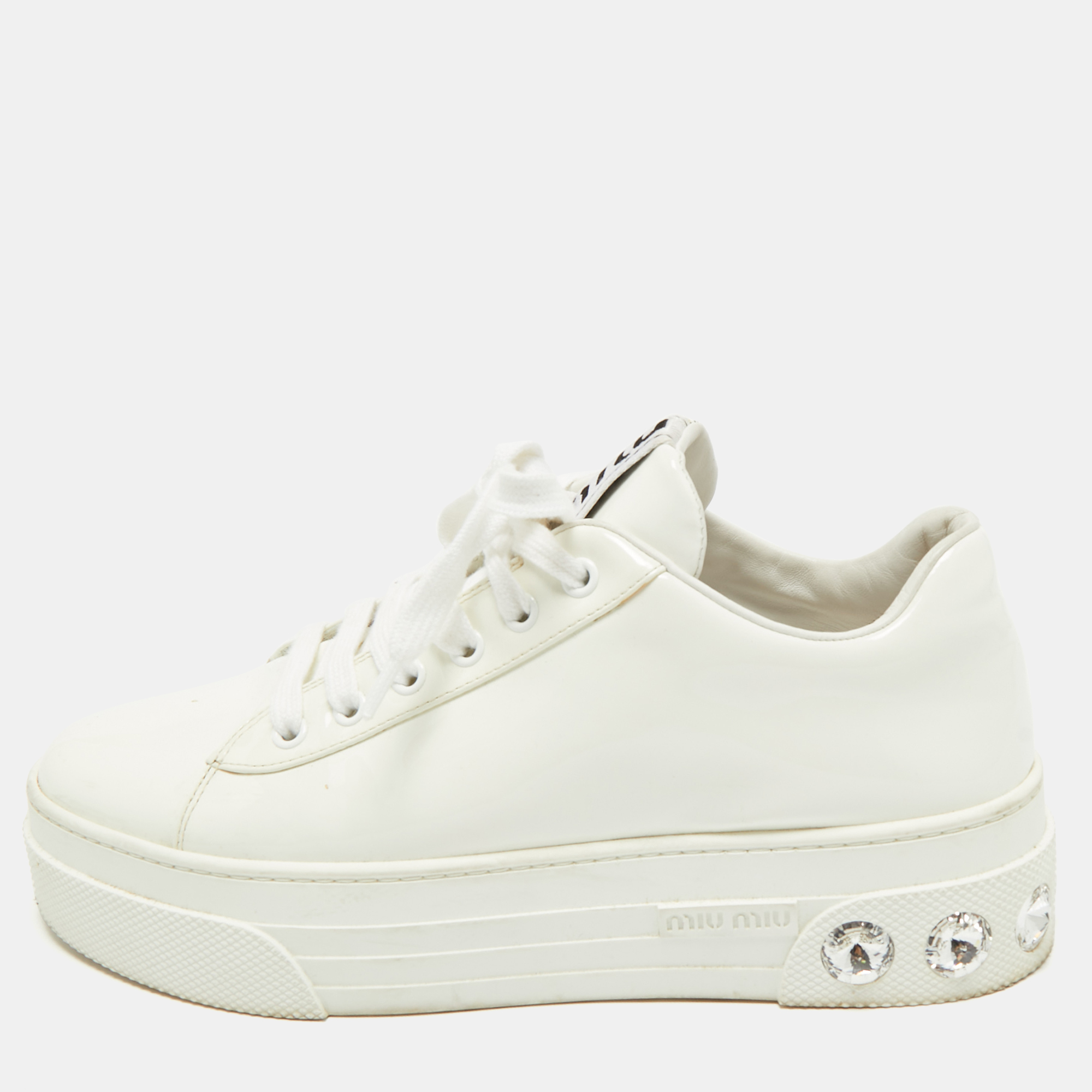 

Miu Miu White Patent Leather Crystal Embellished Platform Low Top Sneakers Size