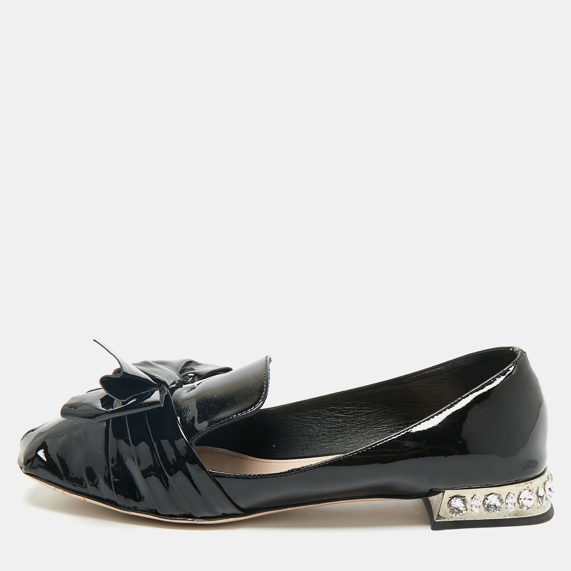 Pre-owned Miu Miu Black Patent Leather Crystals Embellished Bow Ballet Flats Size 41