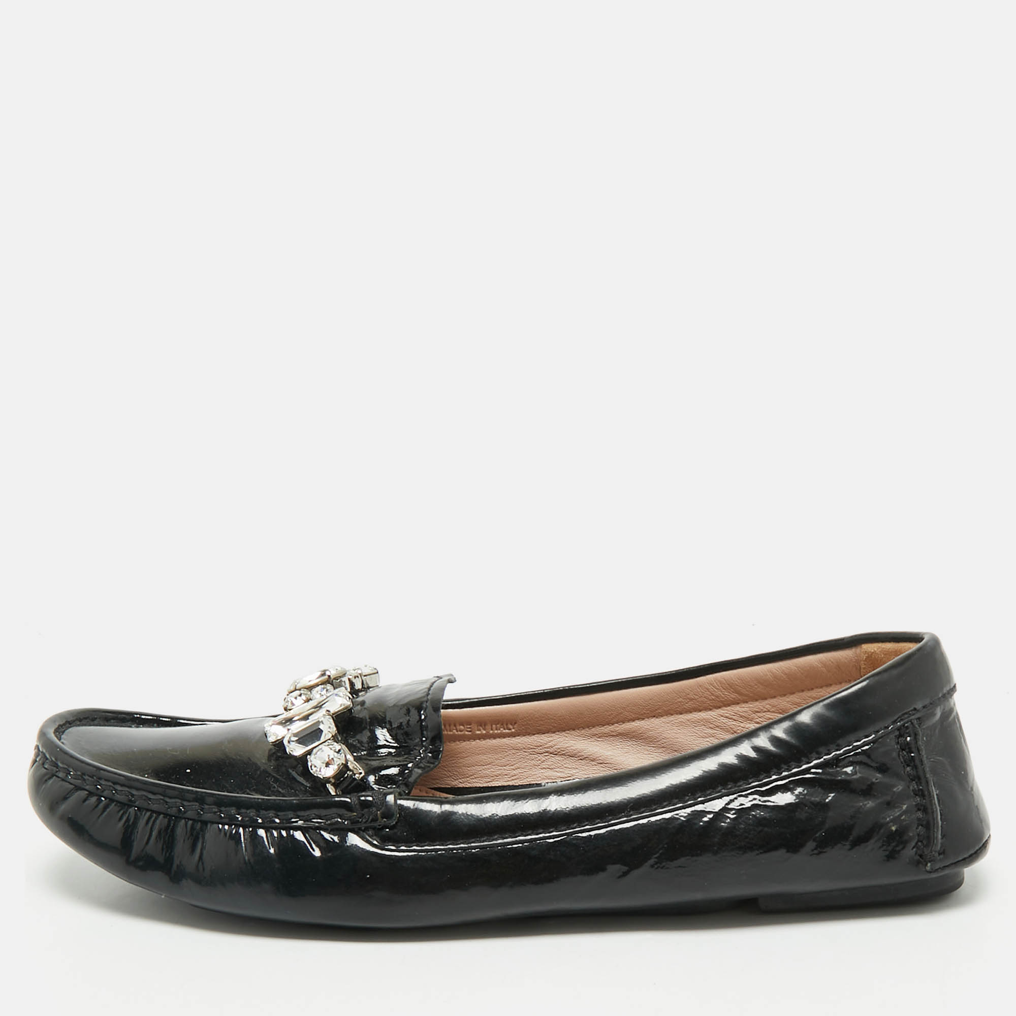 

Miu Miu Black Patent Leather Crystals Embellished Loafers Size