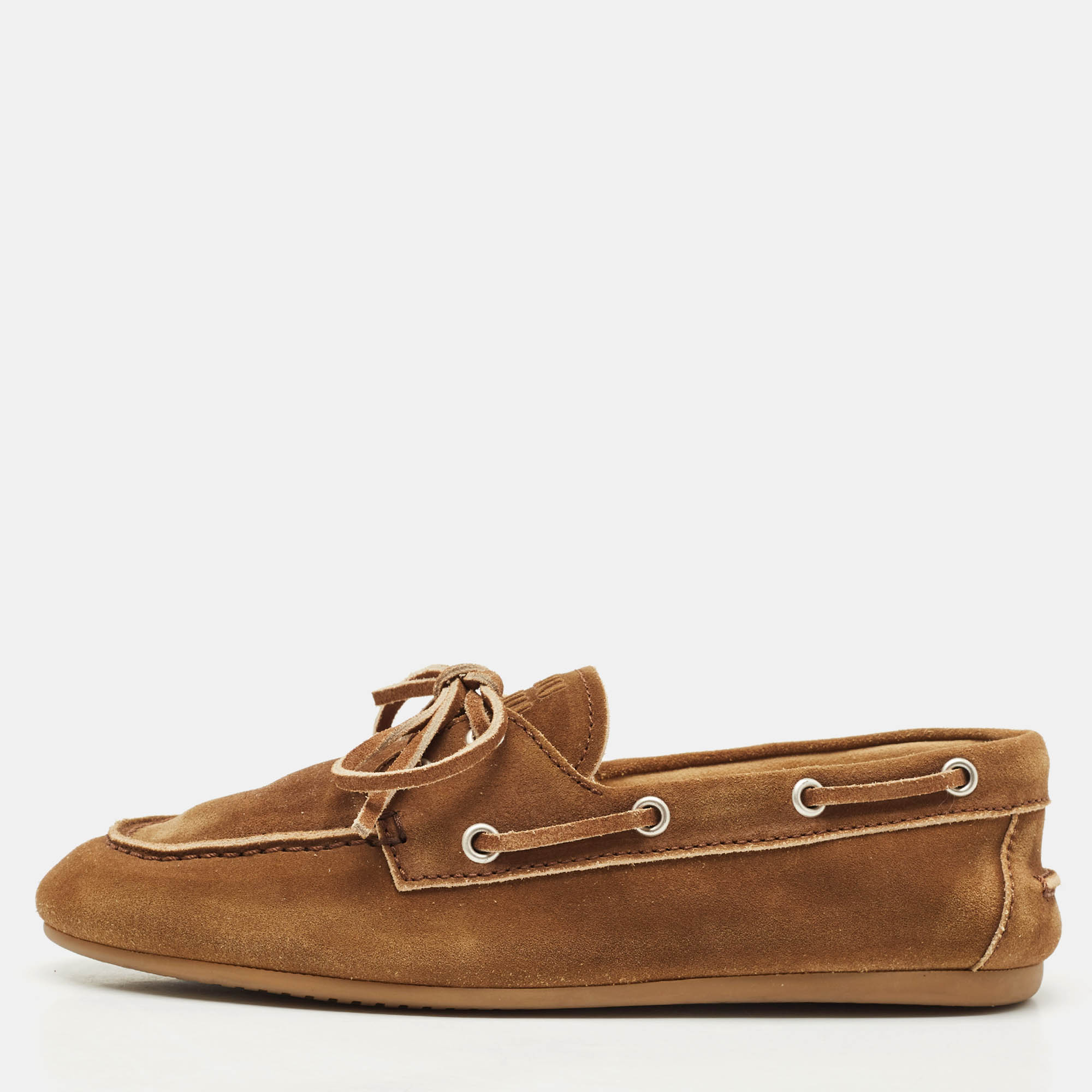 Pre-owned Miu Miu Brown Suede Logo Embossed Bow Loafers Size 36.5