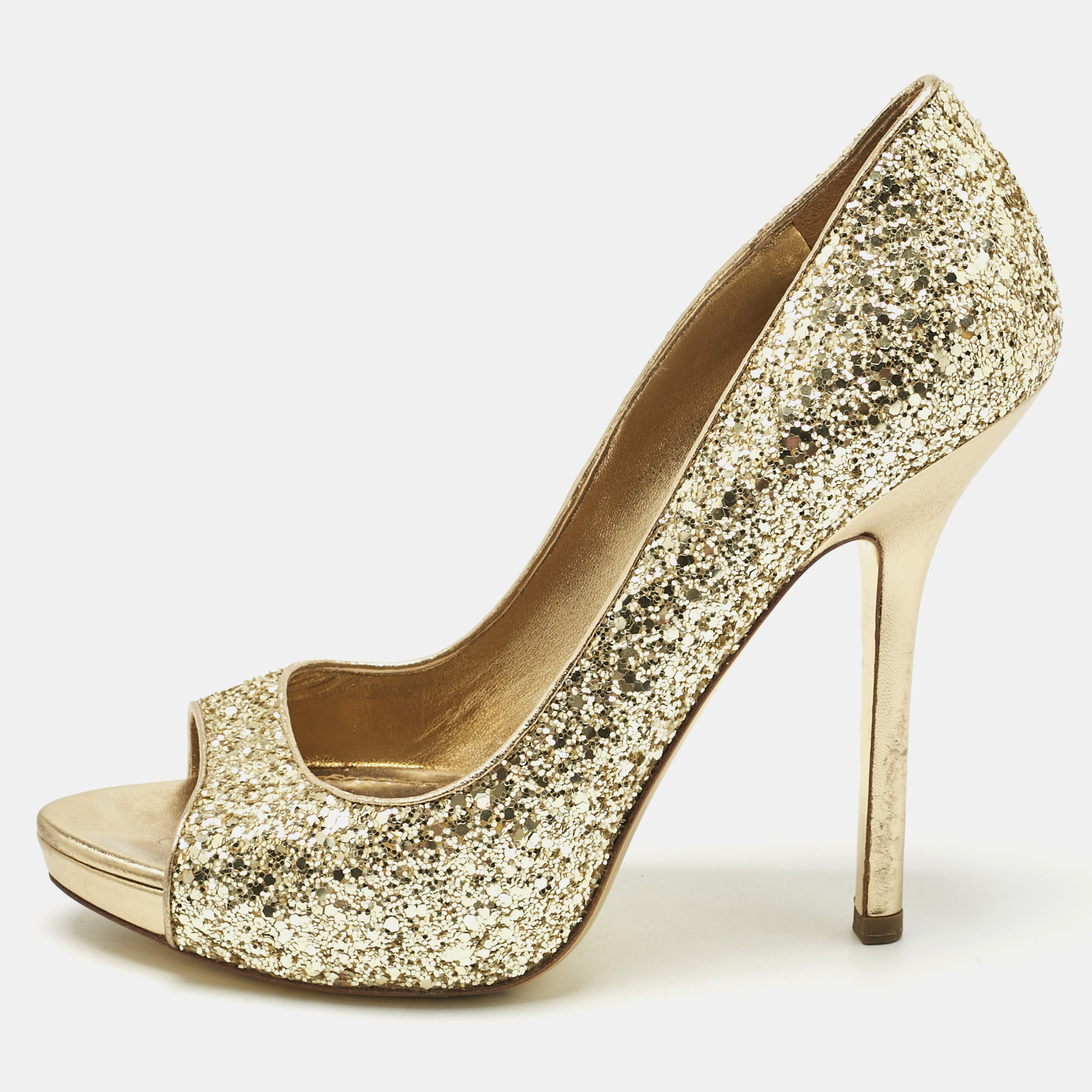 

Miu Miu Metallic Gold Glitter Peep Toe Platform Pumps Size
