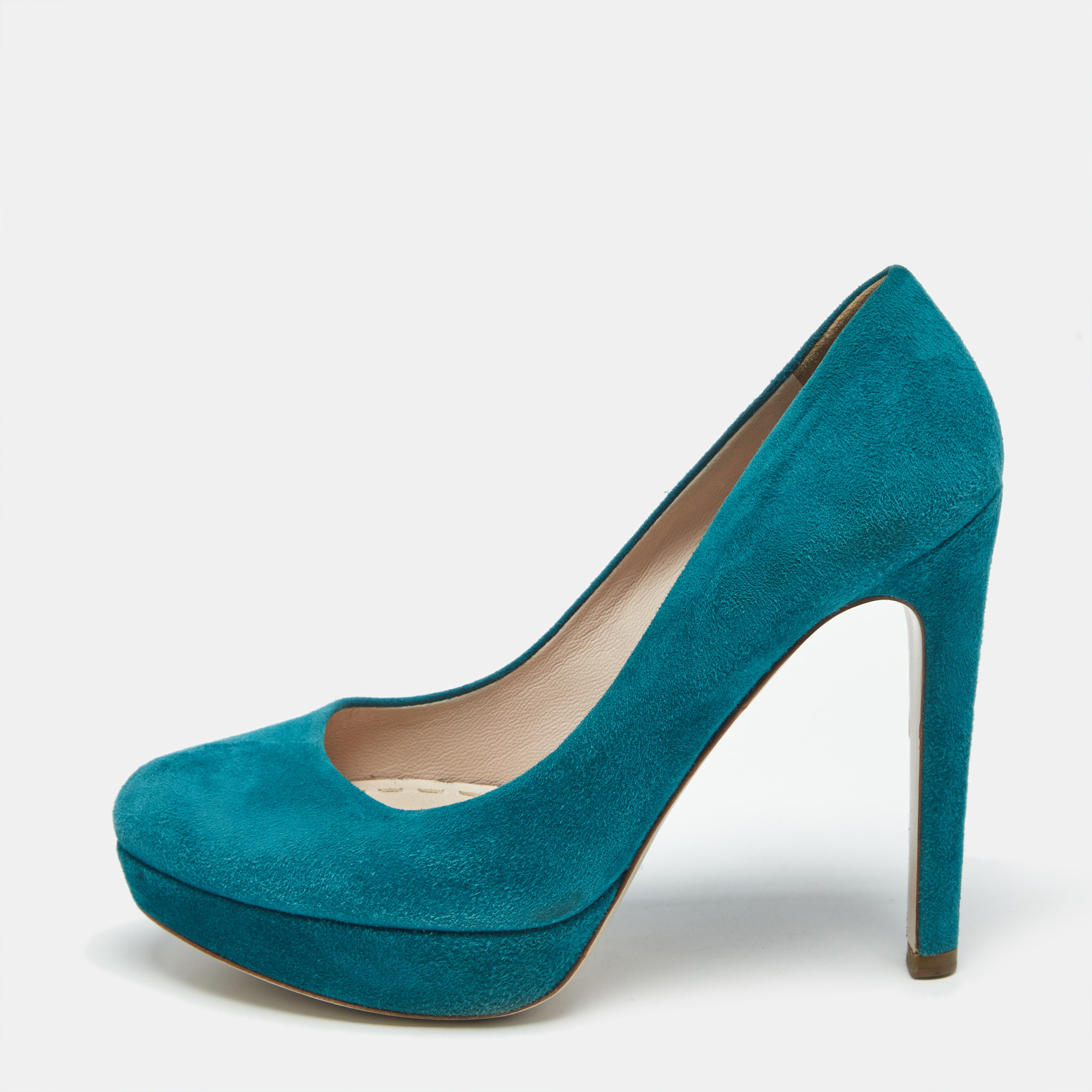 Pre-owned Miu Miu Turquoise Blue Suede Rounded Toe Platform Pumps Size 38