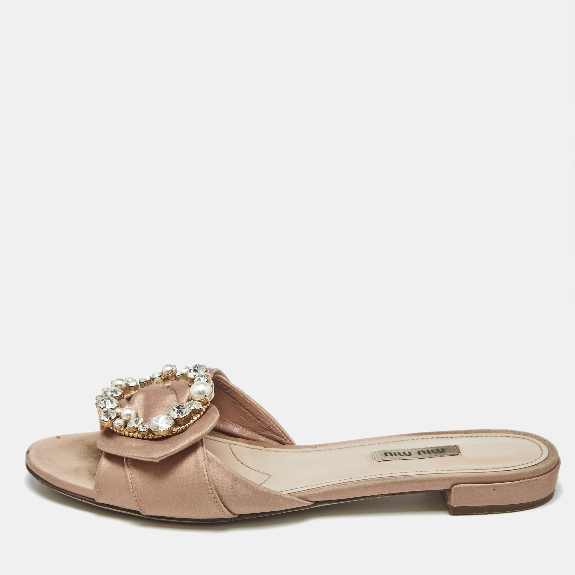 Pre-owned Miu Miu Beige Satin Knot Crystal Embellished Flat Slide Sandals Size 40