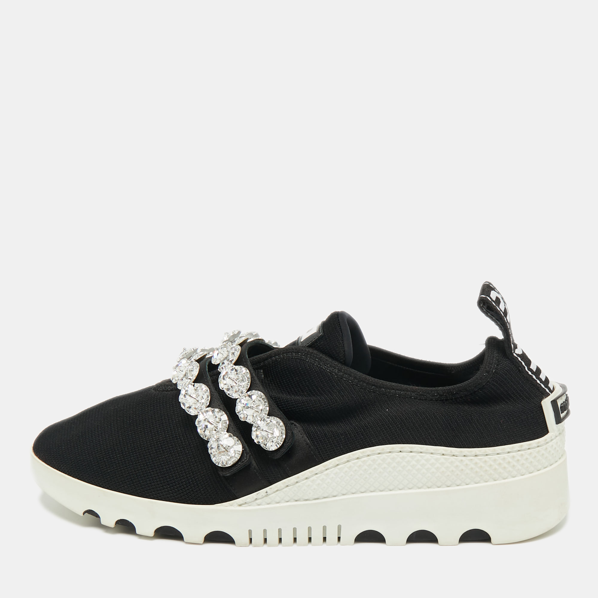 Pre-owned Miu Miu Black Knit Fabric Crystal Embellished Slip On Sneakers Size 41