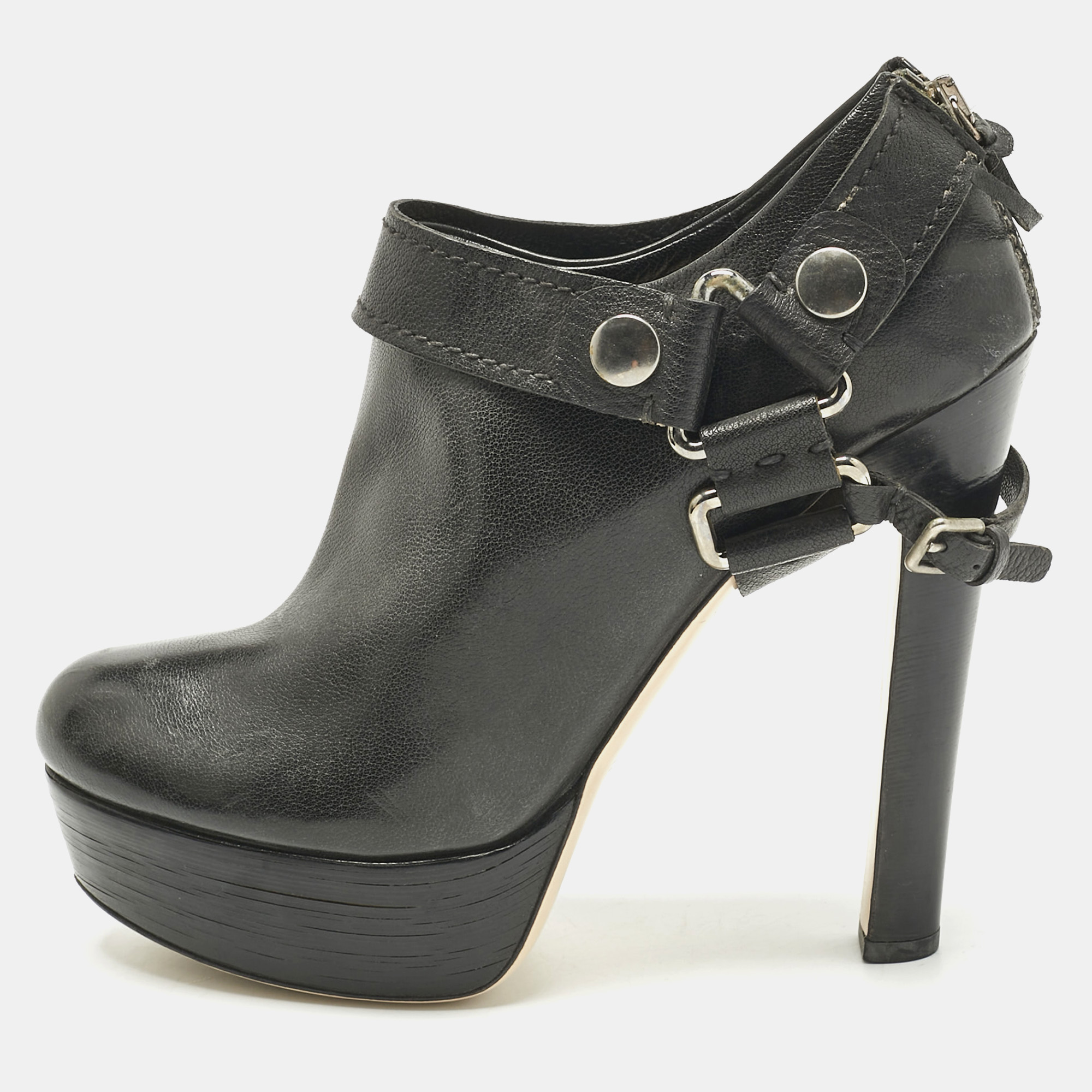 Pre-owned Miu Miu Black Leather Buckle Heels Booties Size 41