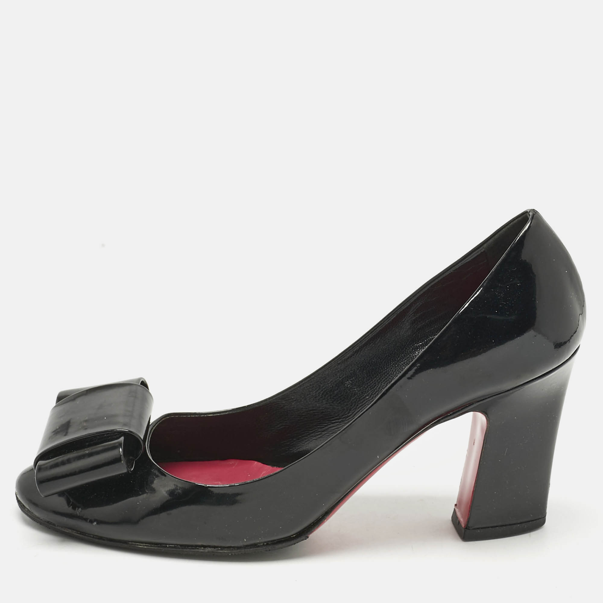 Pre-owned Miu Miu Black Patent Leather Bow Peep Toe Pumps Size 37.5