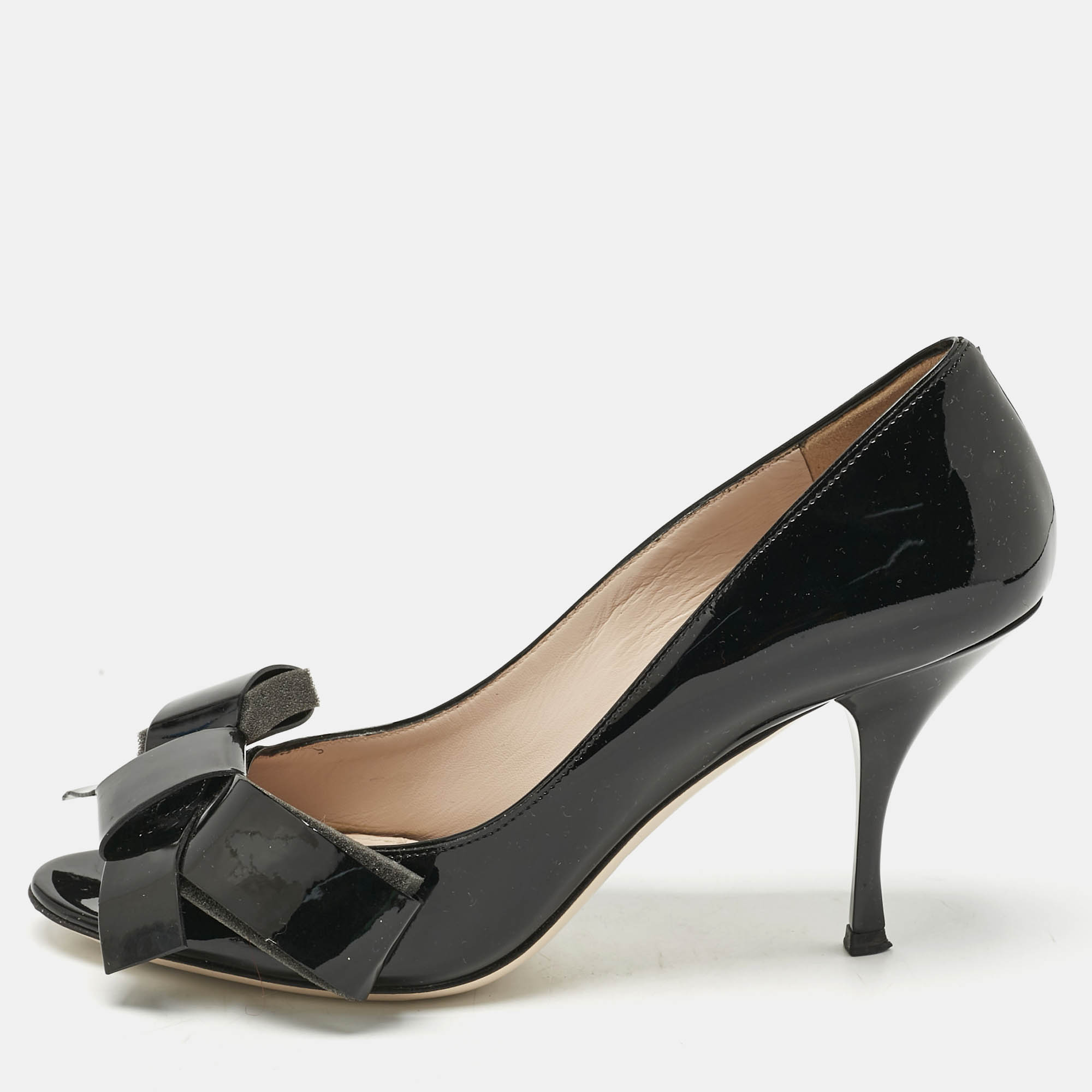 Pre-owned Miu Miu Black Patent Leather Bow Peep Toe Pumps Size 39