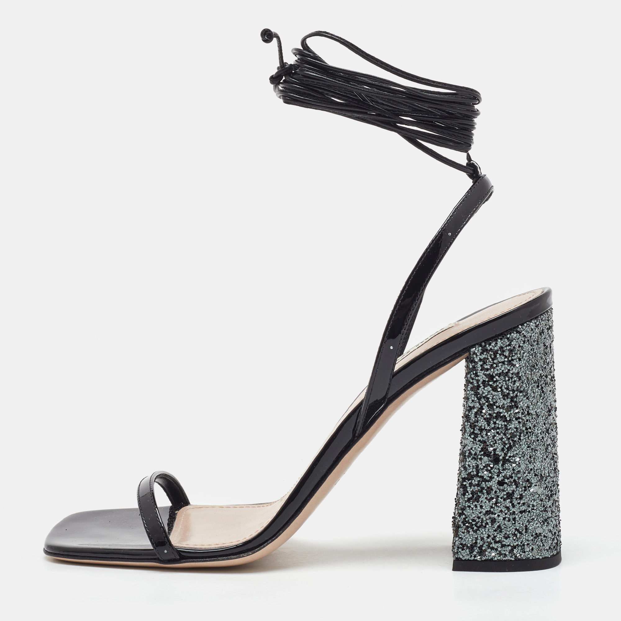 Pre-owned Miu Miu Black Patent Leather And Glitter Block Heel Ankle Wrap Sandals Size 38.5