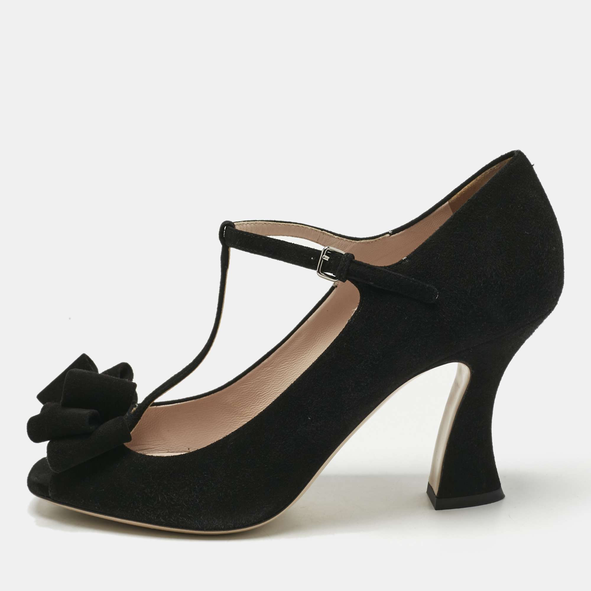 

Miu Miu Black Suede Bow T Strap Peep Toe Pumps Size