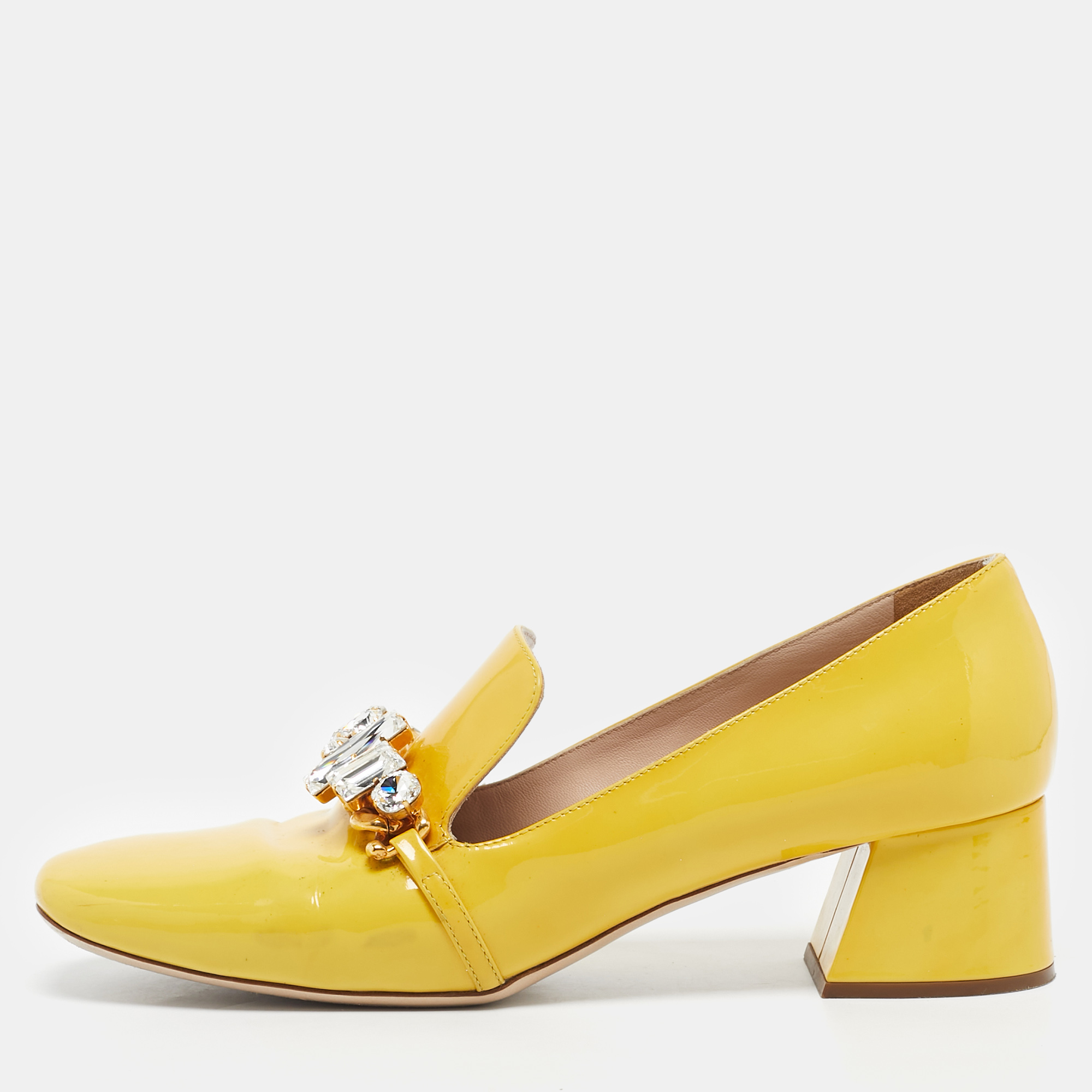 Pre-owned Miu Miu Yellow Patent Leather Crystal Embellished Pumps Size 39.5