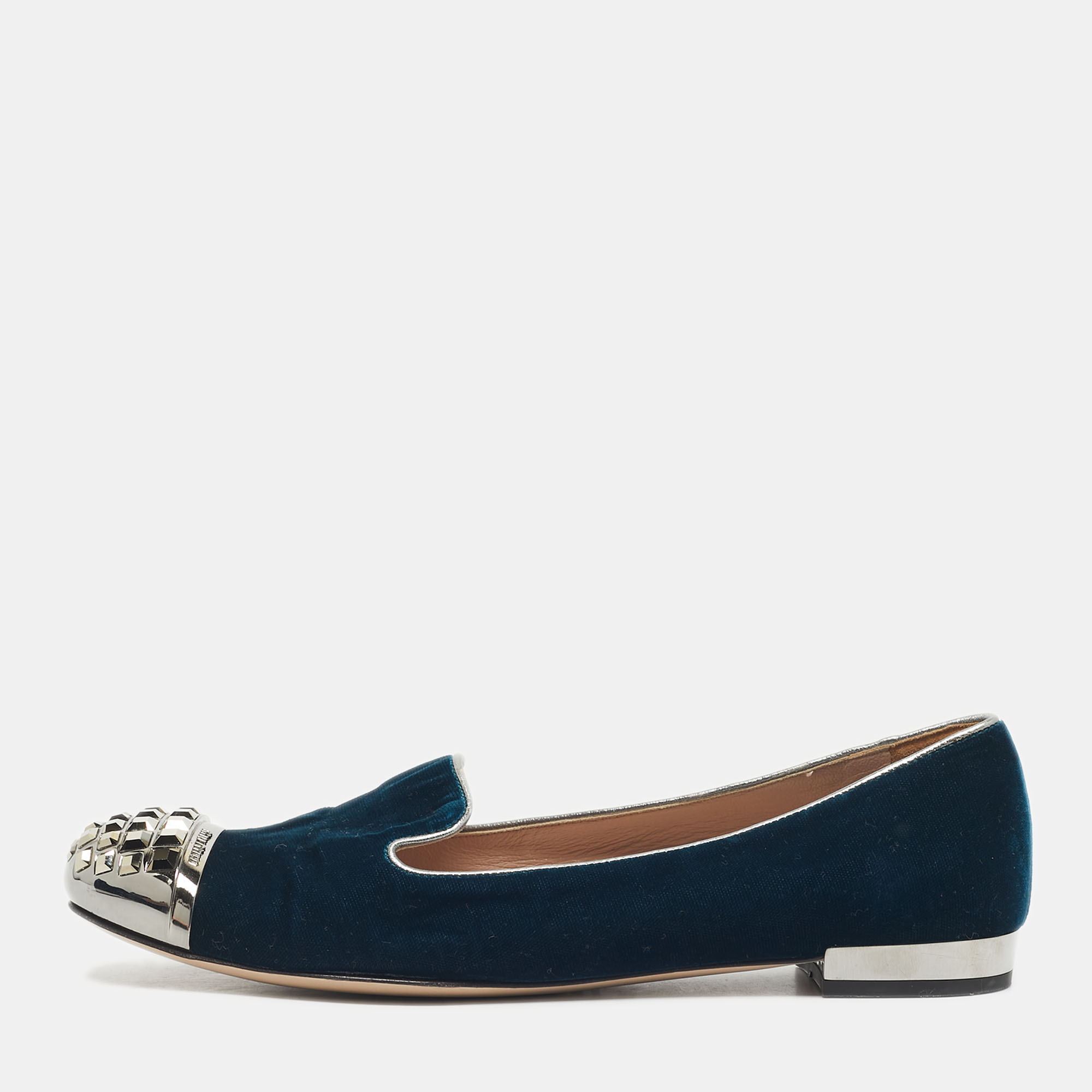 Pre-owned Miu Miu Blue Velvet Crystal Embellished Cap Toe Smoking Slippers Size 38