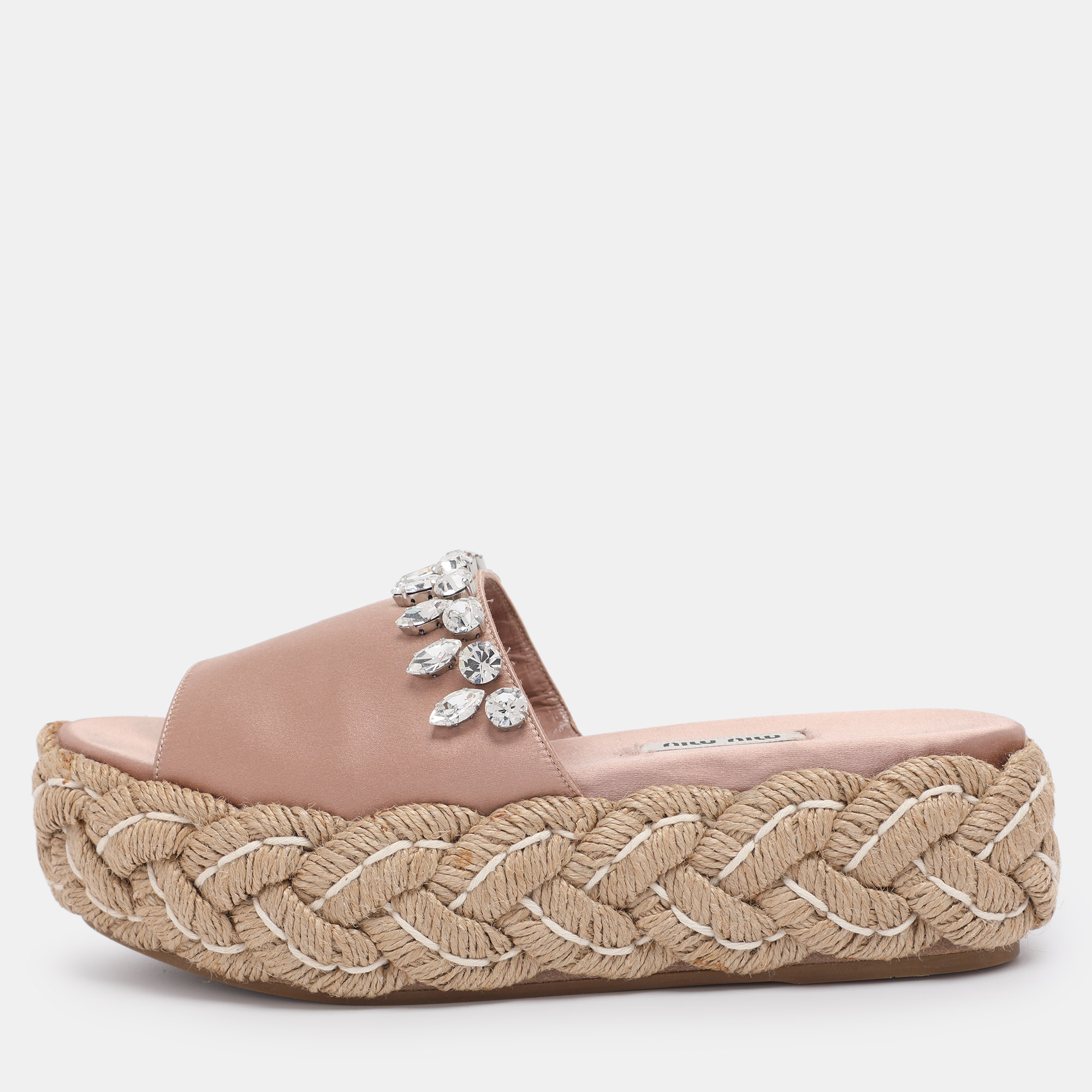 Pre-owned Miu Miu Beige Satin Espadrille Platform Slide Sandals Size 38