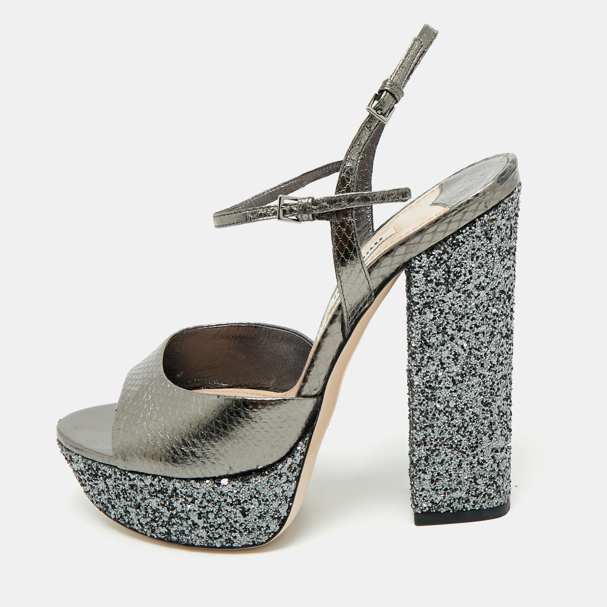 Pre-owned Miu Miu Silver Glitter And Snakeskin Embossed Leather Ankle Strap Sandals Size 36