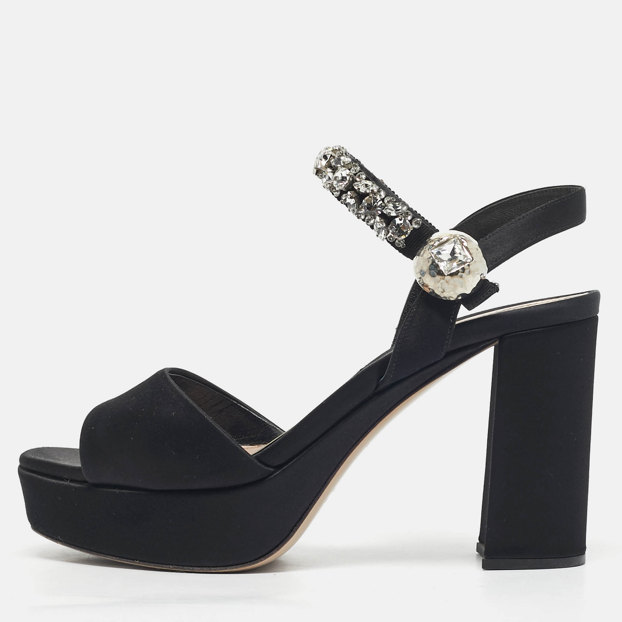 

Miu Miu Black Satin Crystal Embellished Platform Ankle-Strap Sandals Size
