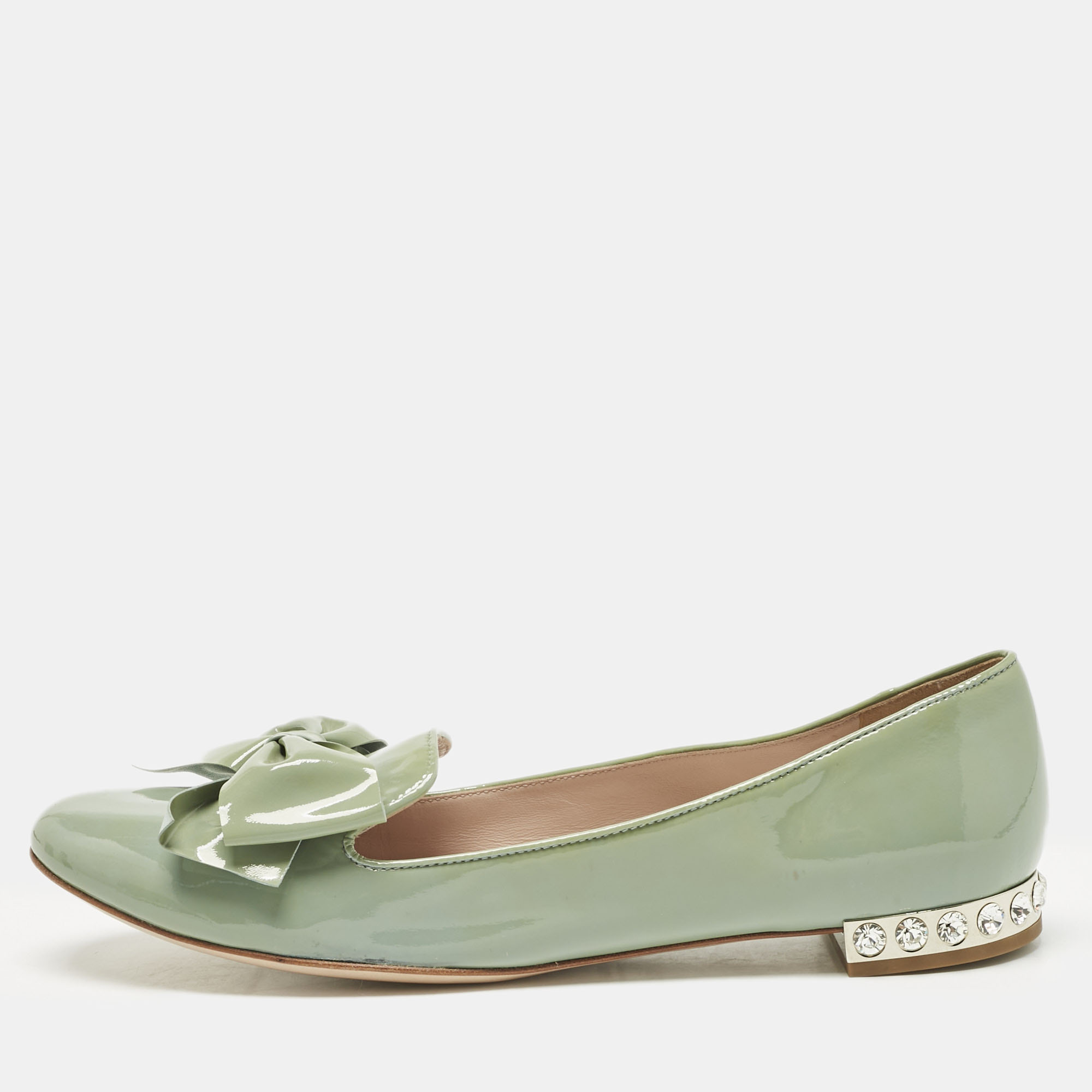 Pre-owned Miu Miu Blue Patent Leather Bow Crystal Embellished Smoking Slippers Size 39.5