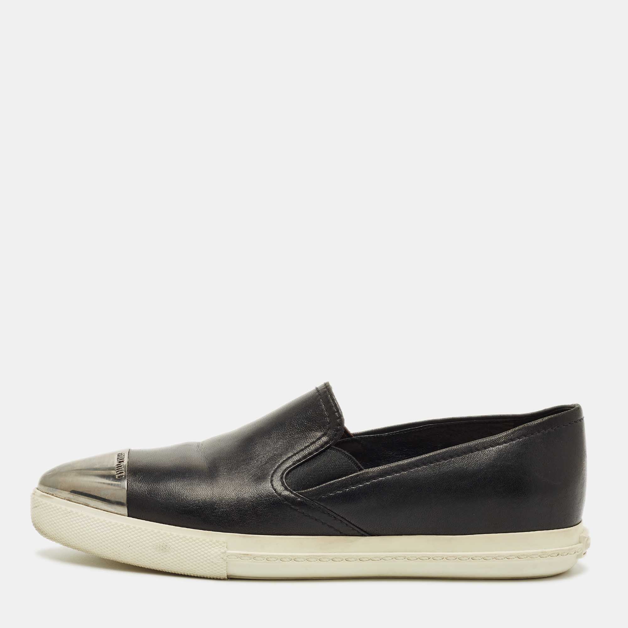 Pre-owned Miu Miu Black Leather Metal Cap Toe Slip On Sneakers Size 36.5