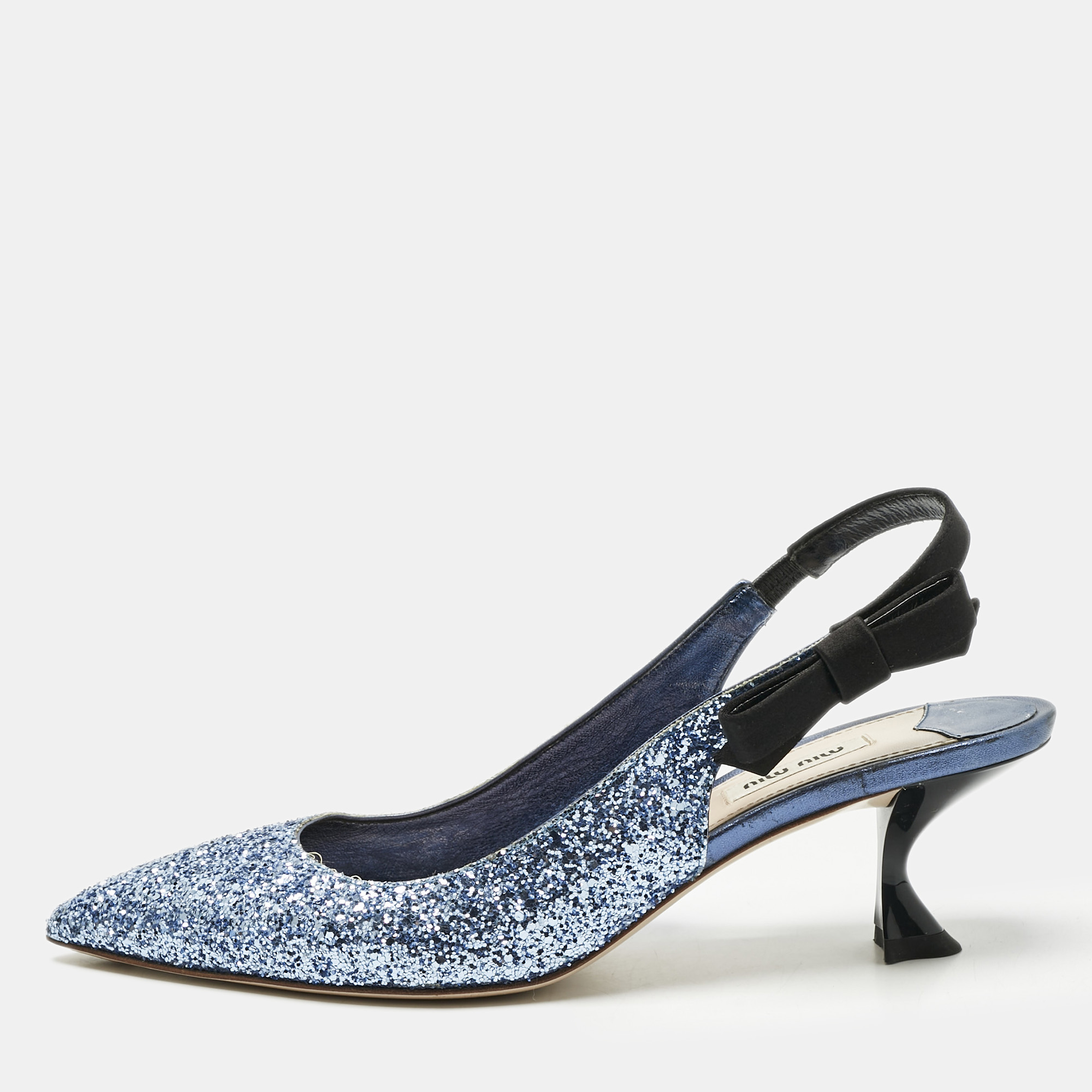 Pre-owned Miu Miu Blue Coarse Glitter Bow Slingback Pumps Size 40.5