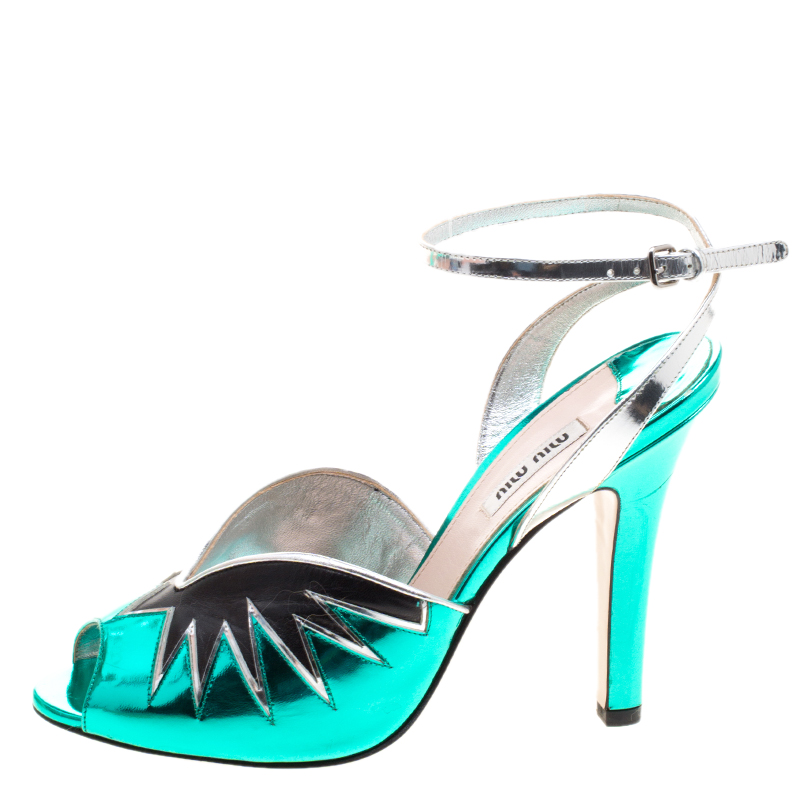 

Miu Miu Metallic Green Leather Peep Toe Ankle Strap Sandals Size