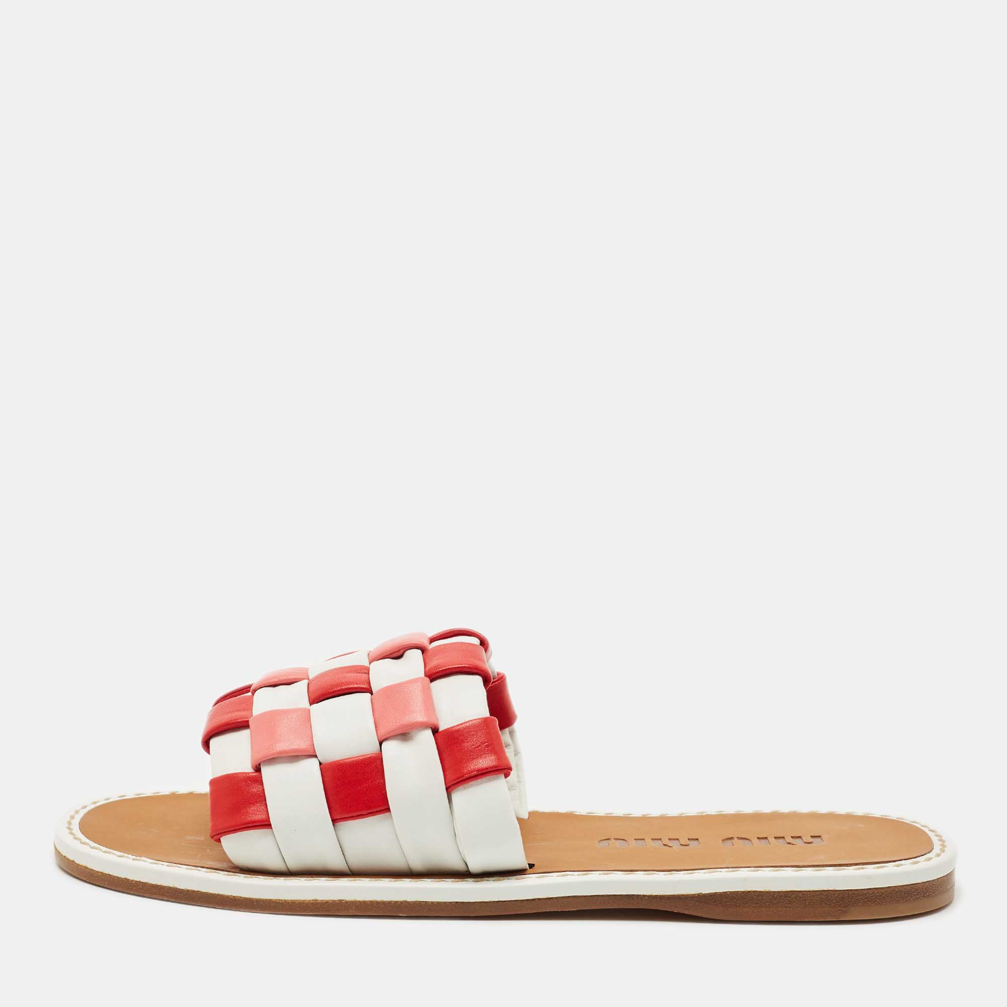 Miu Miu Multicolor Woven Leather Flat Slides Size 39