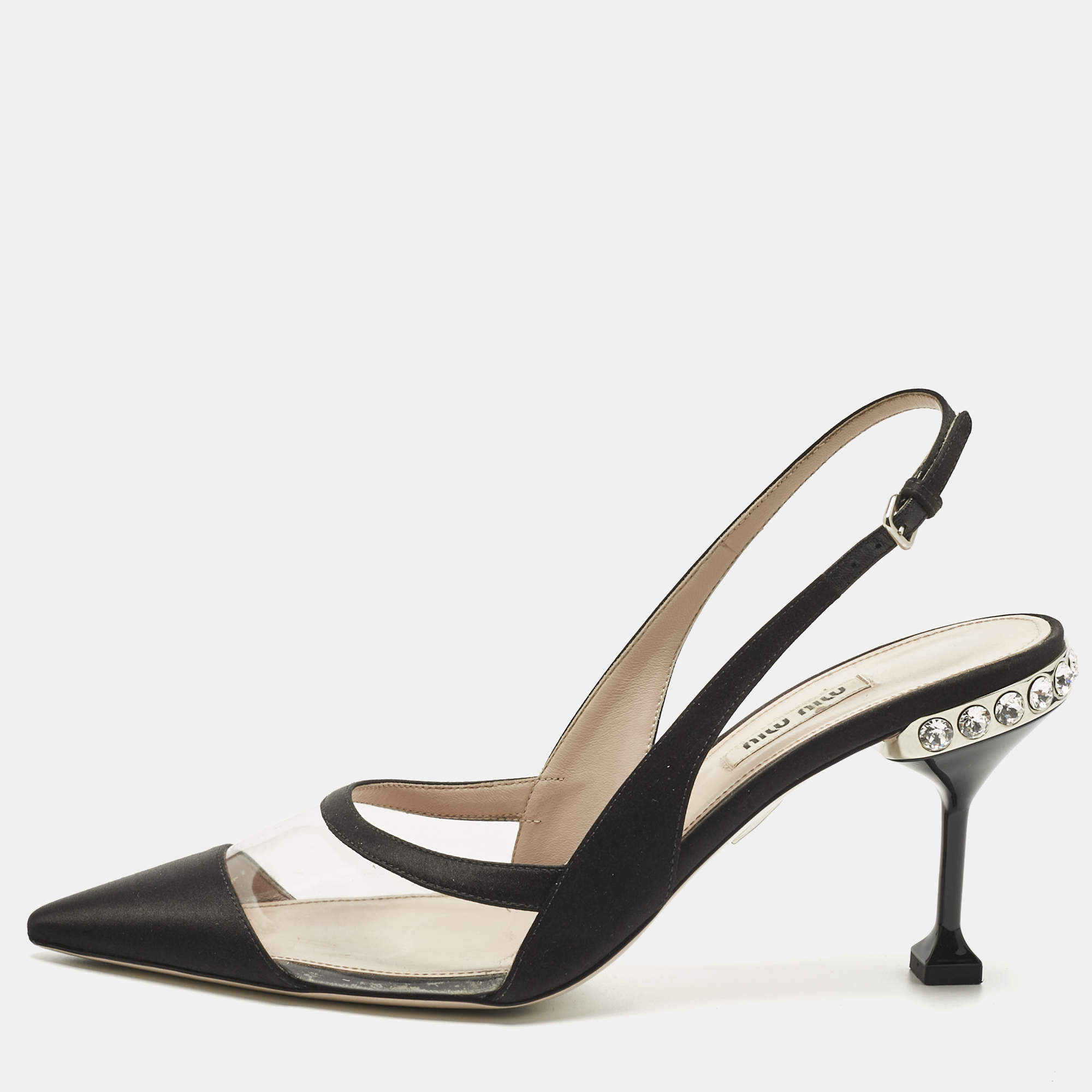 

Miu Miu Black Satin And PVC Crystal Embellished Slingback Pumps Size