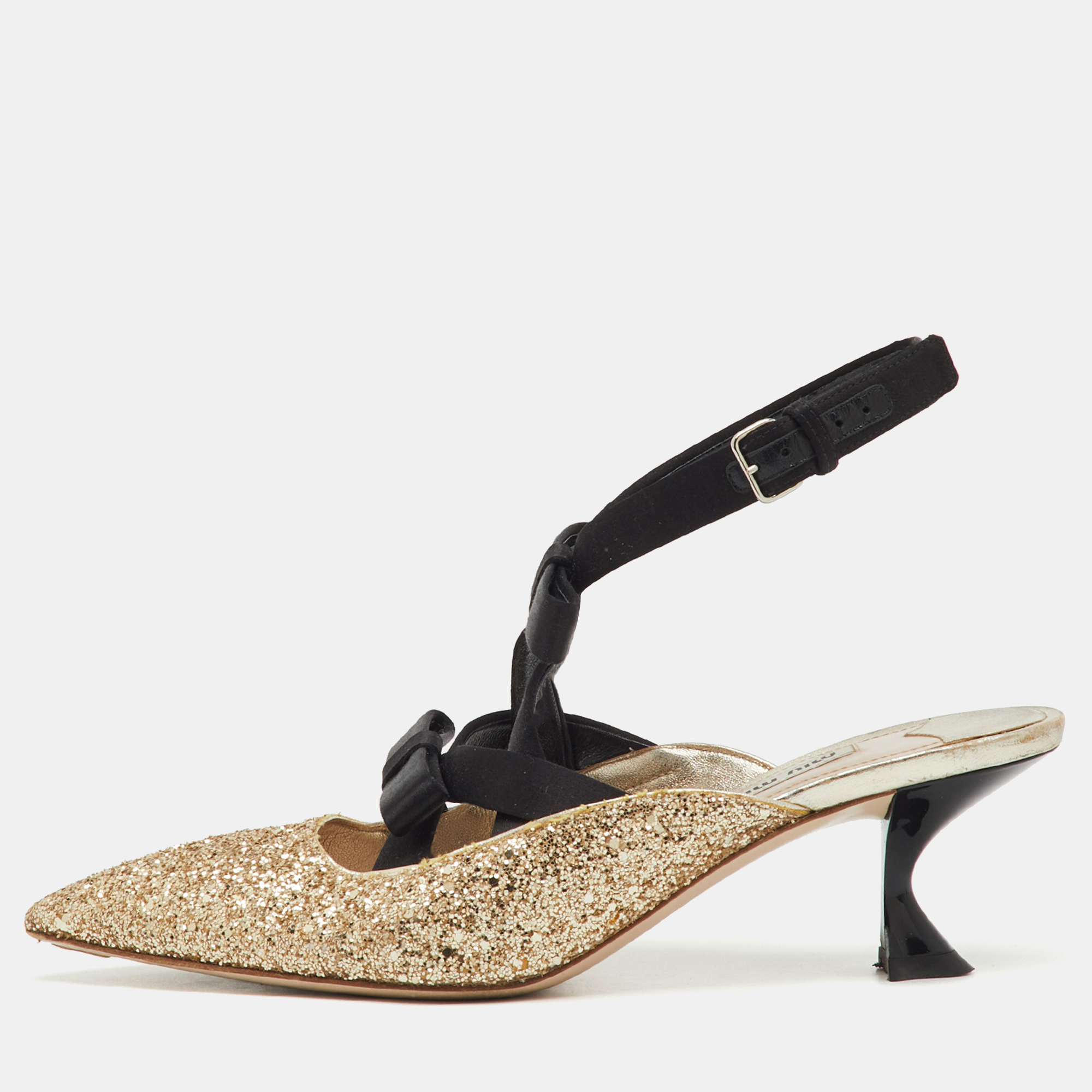 Pre-owned Miu Miu Metallic Gold/black Glitter And Satin Bow Pointed Toe Slingback Pumps Size 38