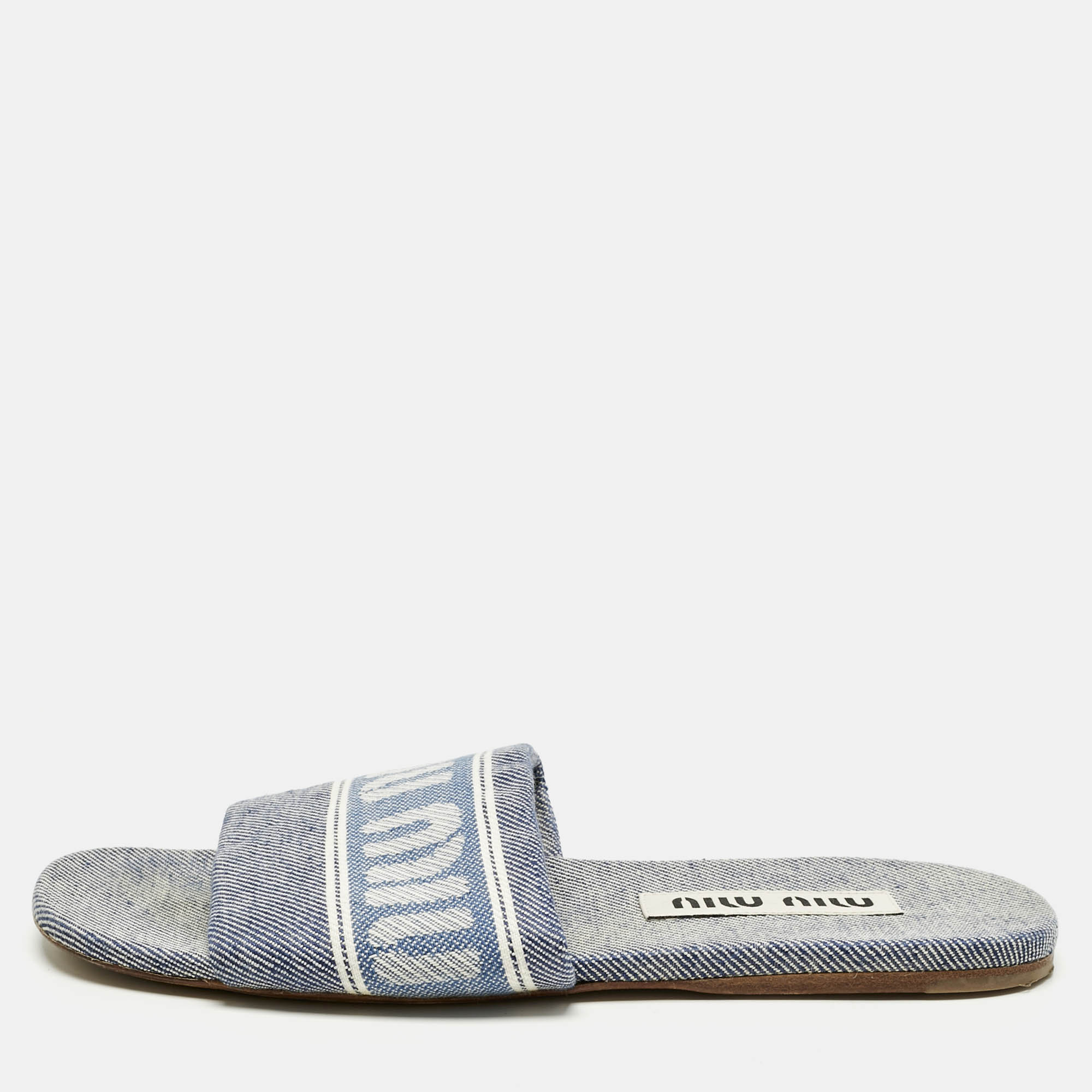Pre-owned Miu Miu Blue Denim Logo Flat Slide Sandals Size 38