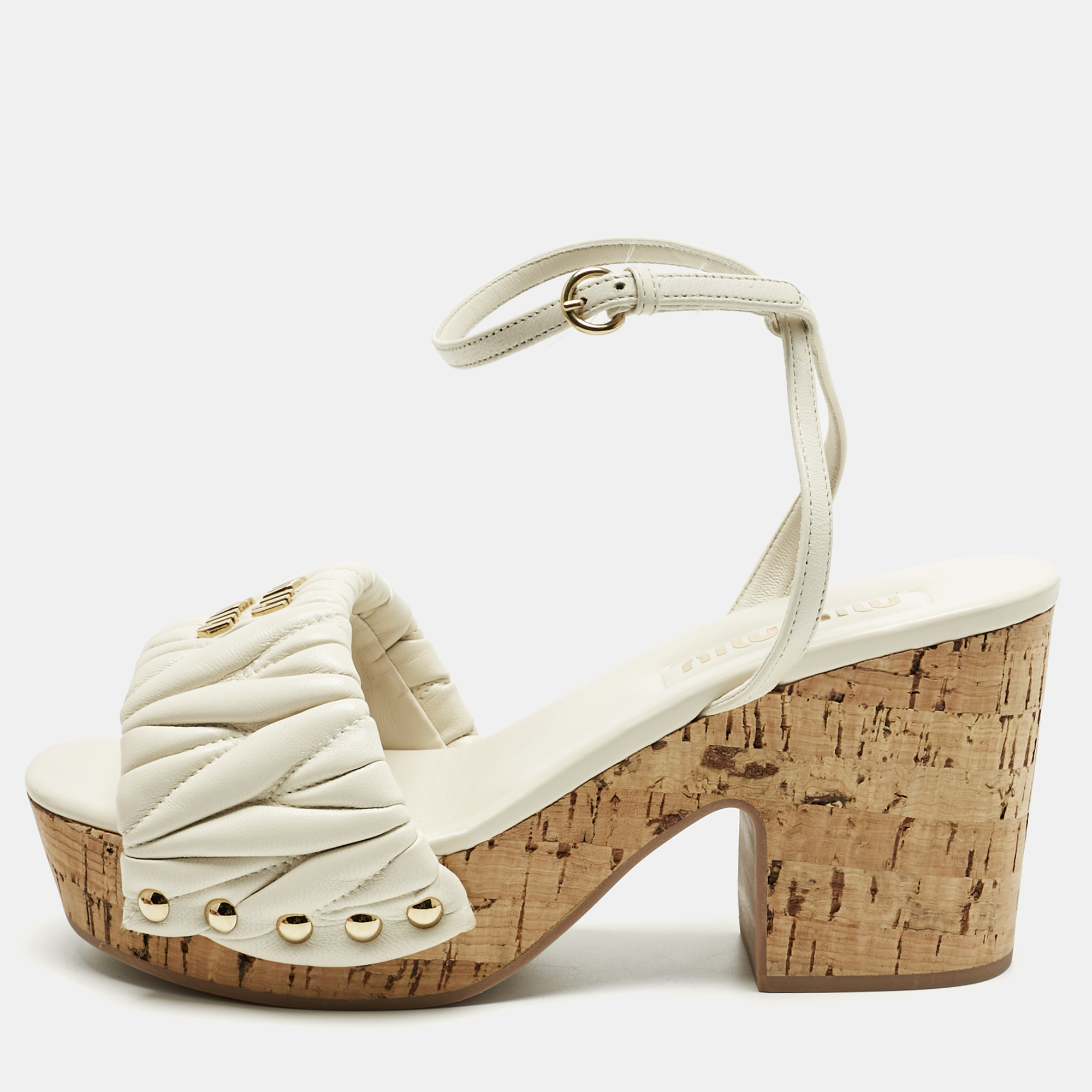 

Miu Miu White Quilted Leather Ankle-Strap Platform Sandals Size, Cream