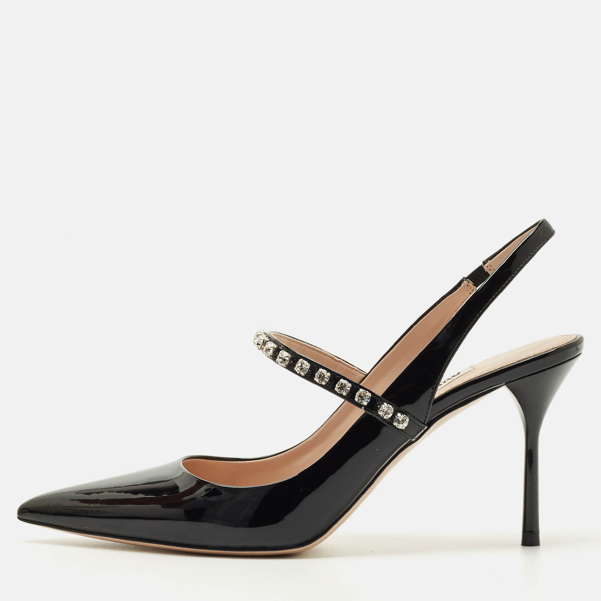 Pre-owned Miu Miu Black Patent Leather Decollete Crystal Embellished Slingback Pumps Size 38
