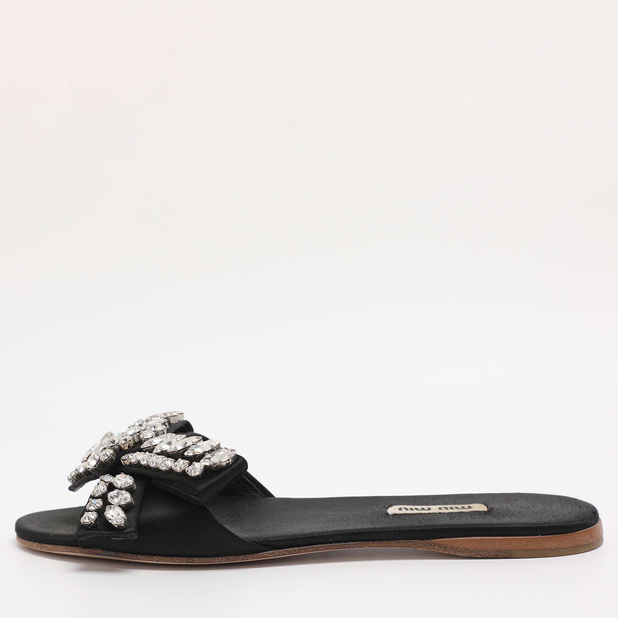

Miu Miu Black Satin Crystal Embellished Bow Slide Sandals Size 37