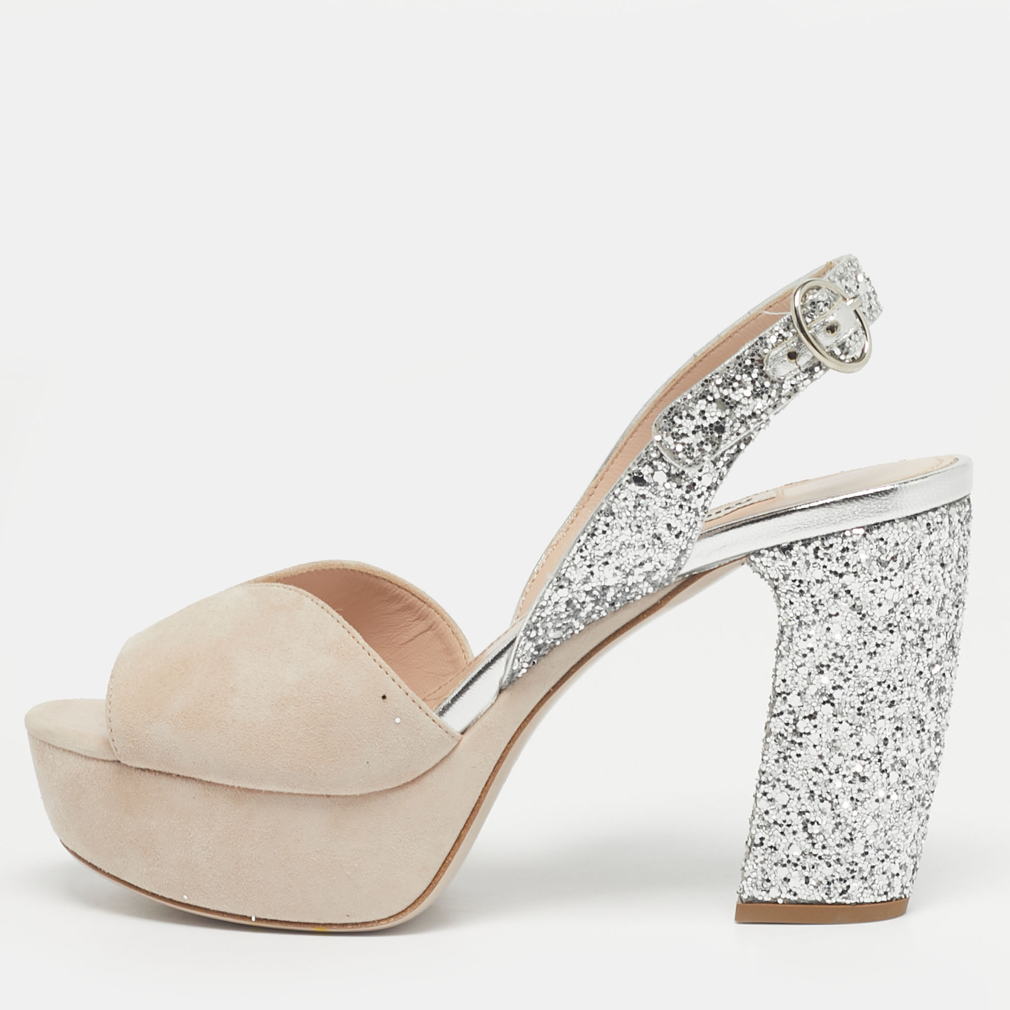 

Miu Miu Beige/Beige Glitter and Suede Ankle Strap Sandals Size