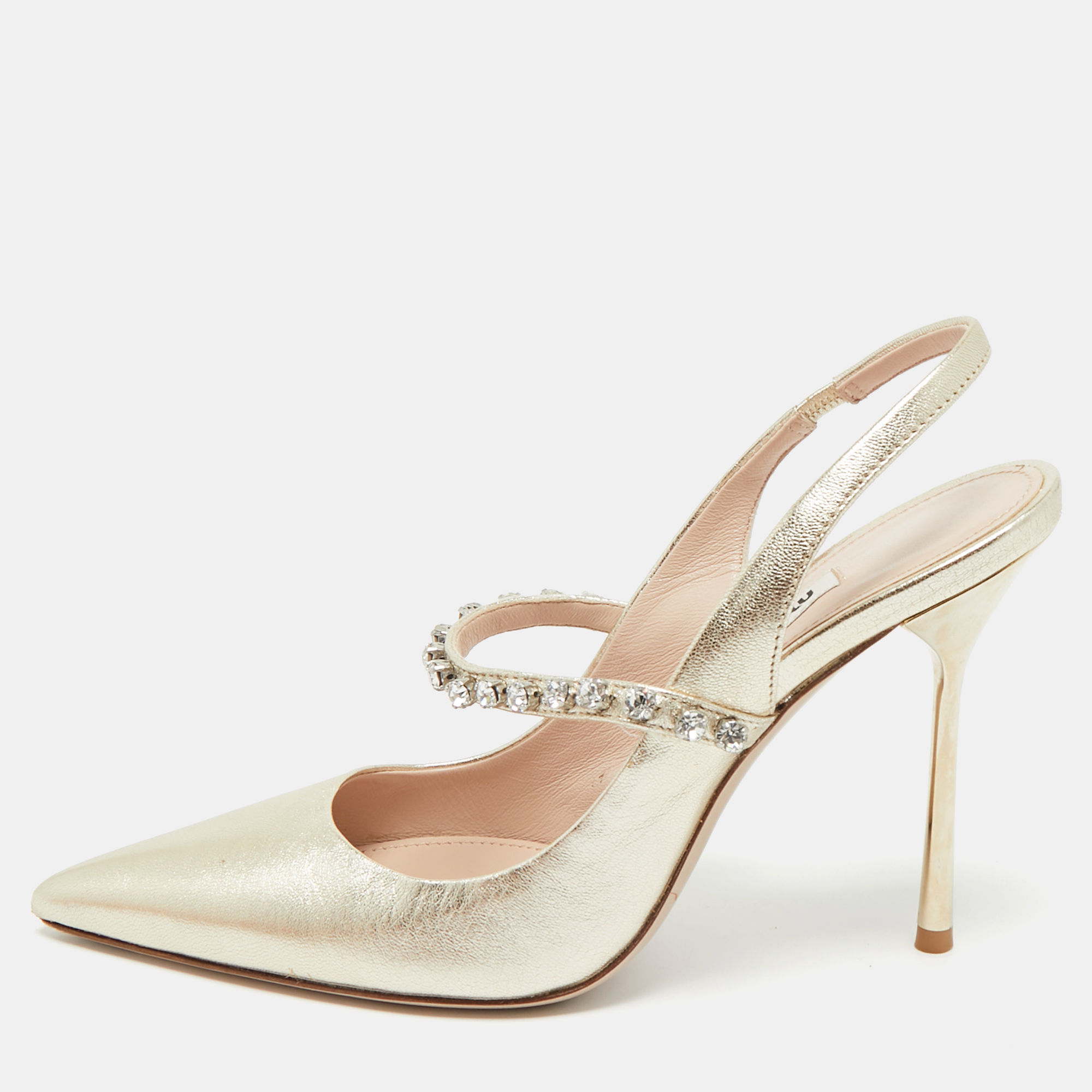 Pre-owned Miu Miu Gold Leather Crystal Embellished Mary Jane Slingback Pumps Size 36