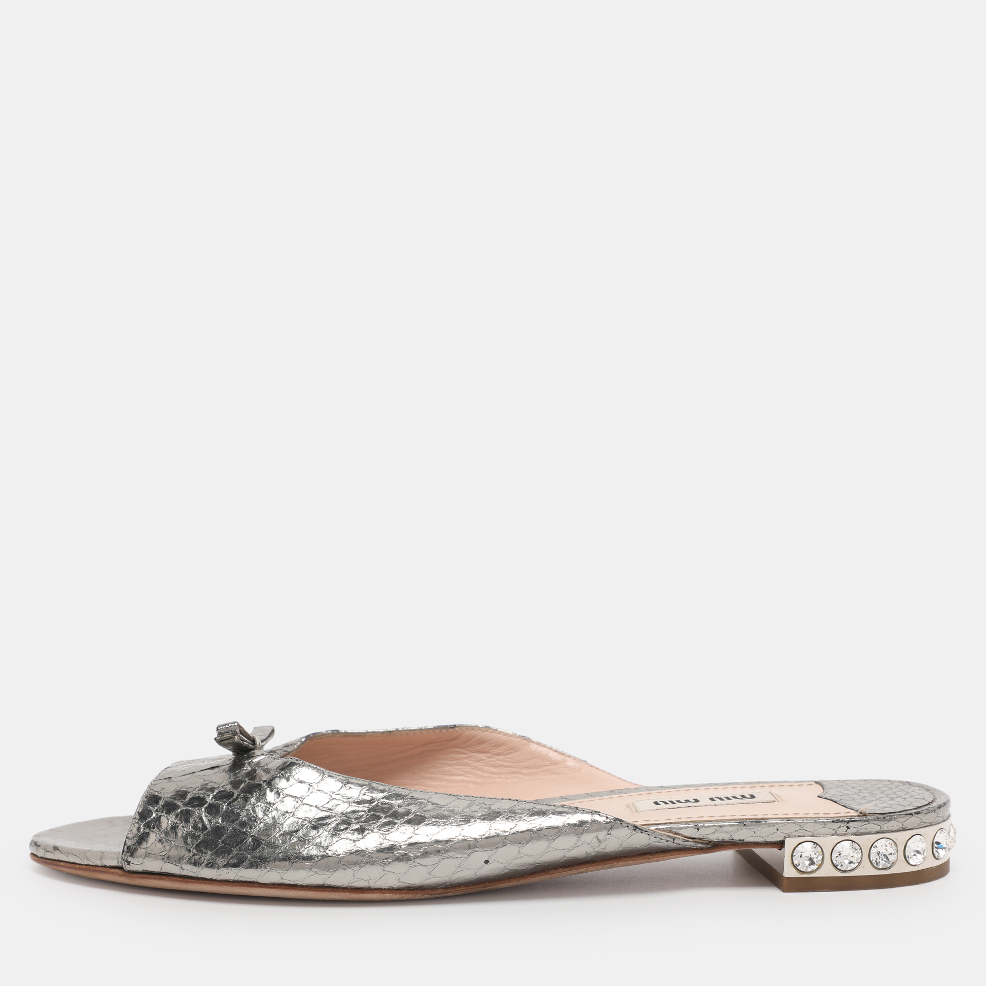 

Miu Miu Metallic Silver Python Embossed Leather Crystal Embellished Flat Slides Size