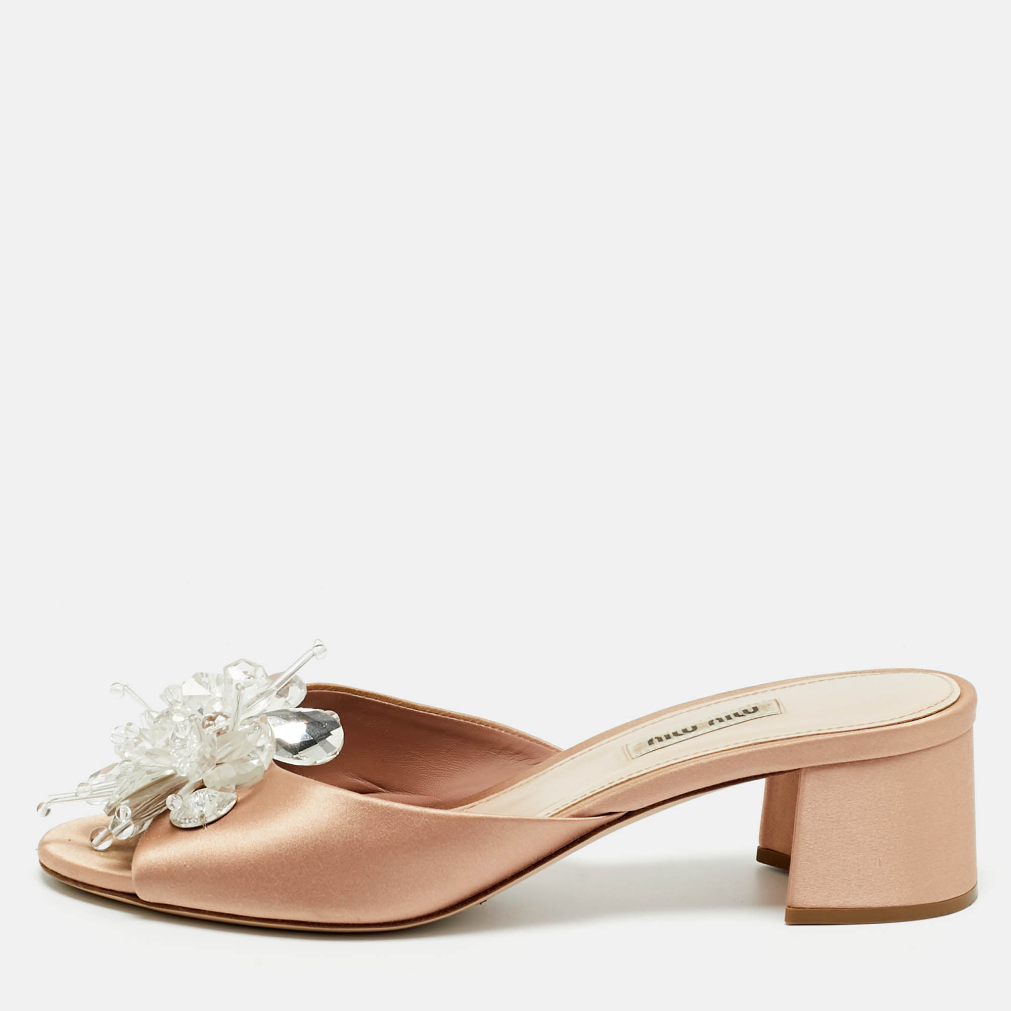

Miu Miu Light Pink Satin Crystal Embellished Slide Sandals Size