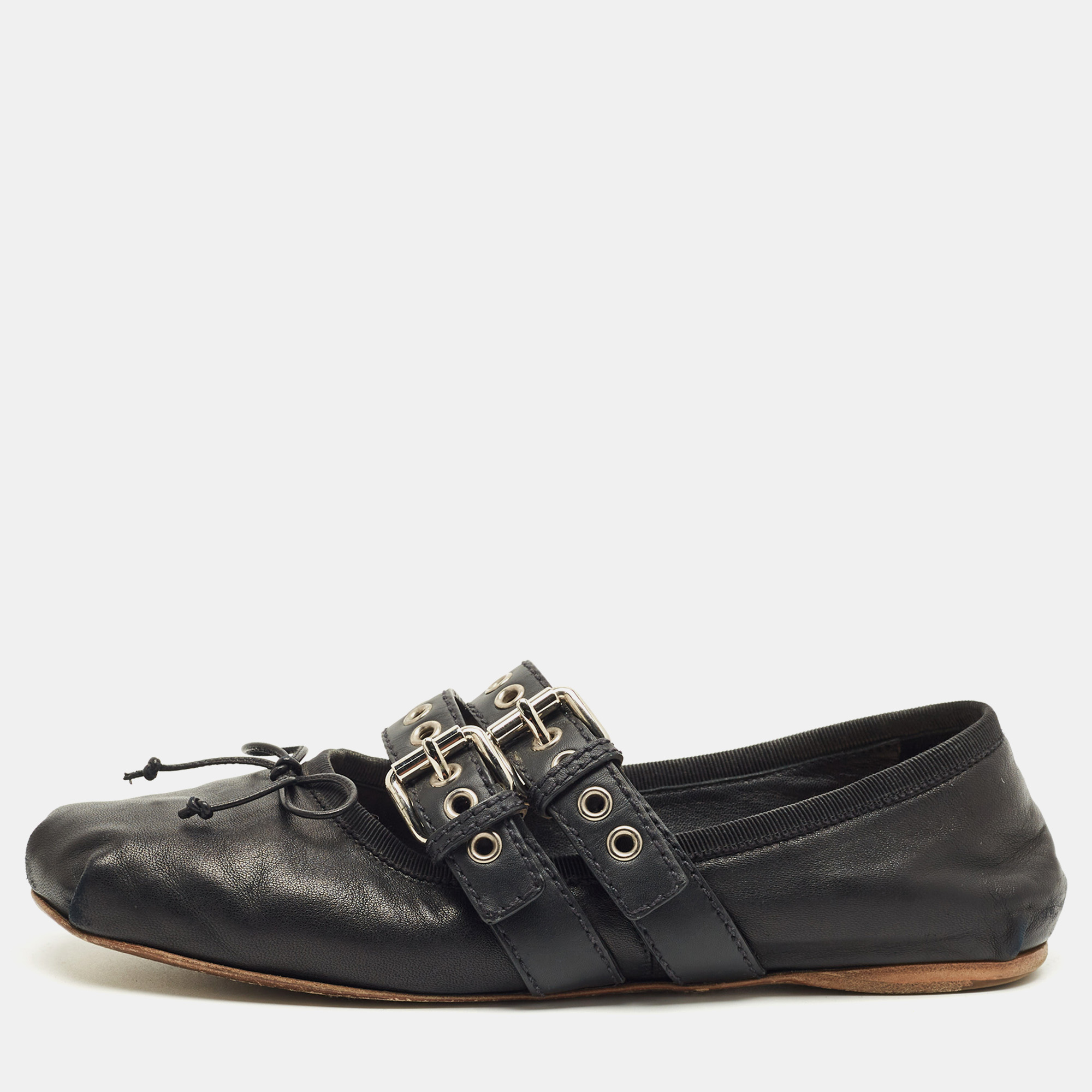 Pre-owned Miu Miu Black Leather Ankle Wrap Ballet Flats Size 39.5