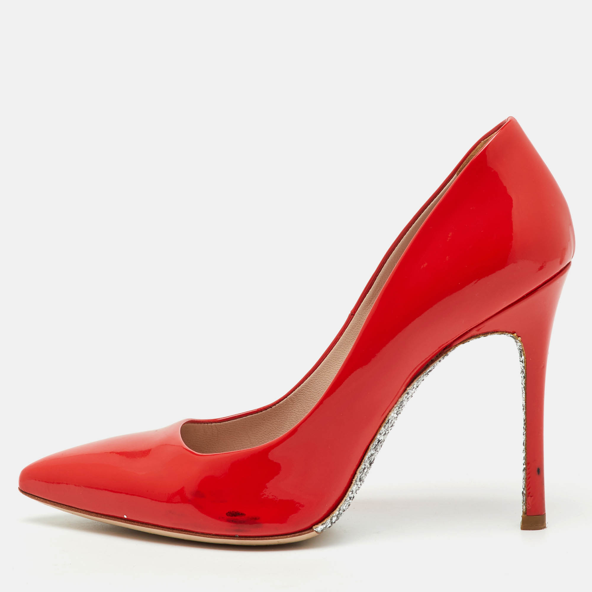 

Miu Miu Cherry Red Patent Leather Glitter Sole Pointed Toe Pumps Size