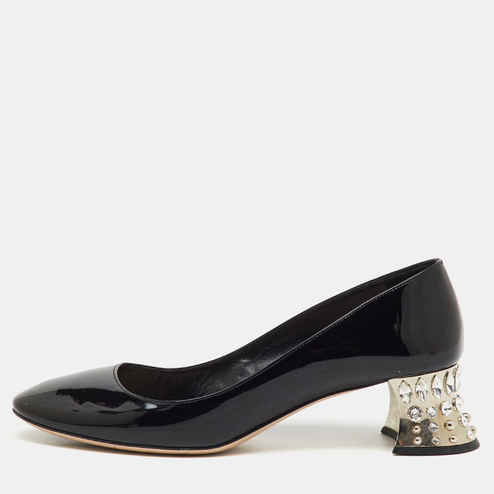 Pre-owned Miu Miu Black Patent Leather Crystal Embellished Block Heel Pumps Size 40