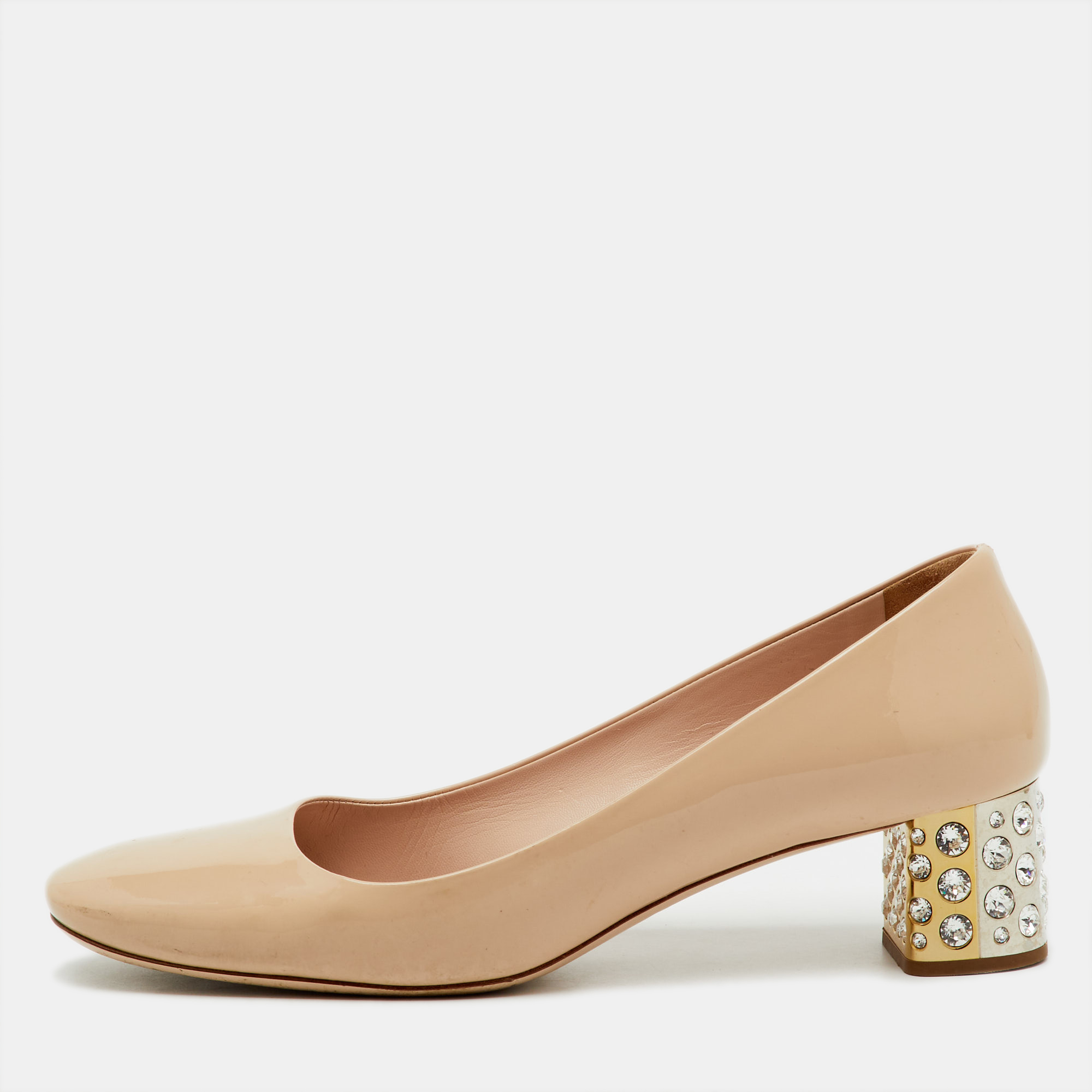 

Miu Miu Beige Patent Leather Crystal Embellished Block Heel Pumps Size