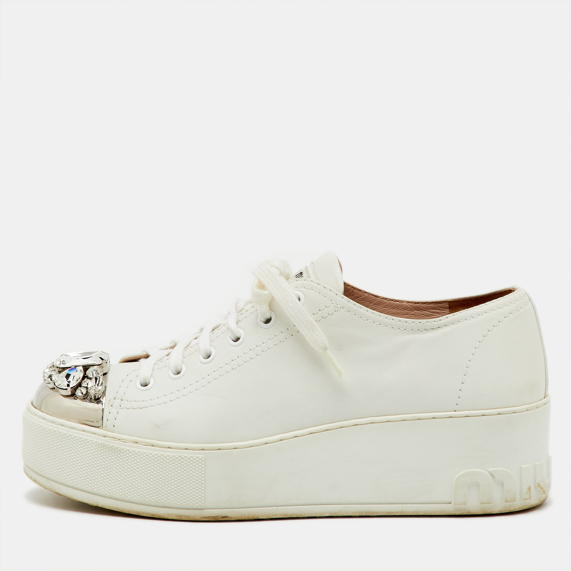 Pre-owned Miu Miu White Leather Crystal Embellished Cap Toe Platform Sneakers Size 38