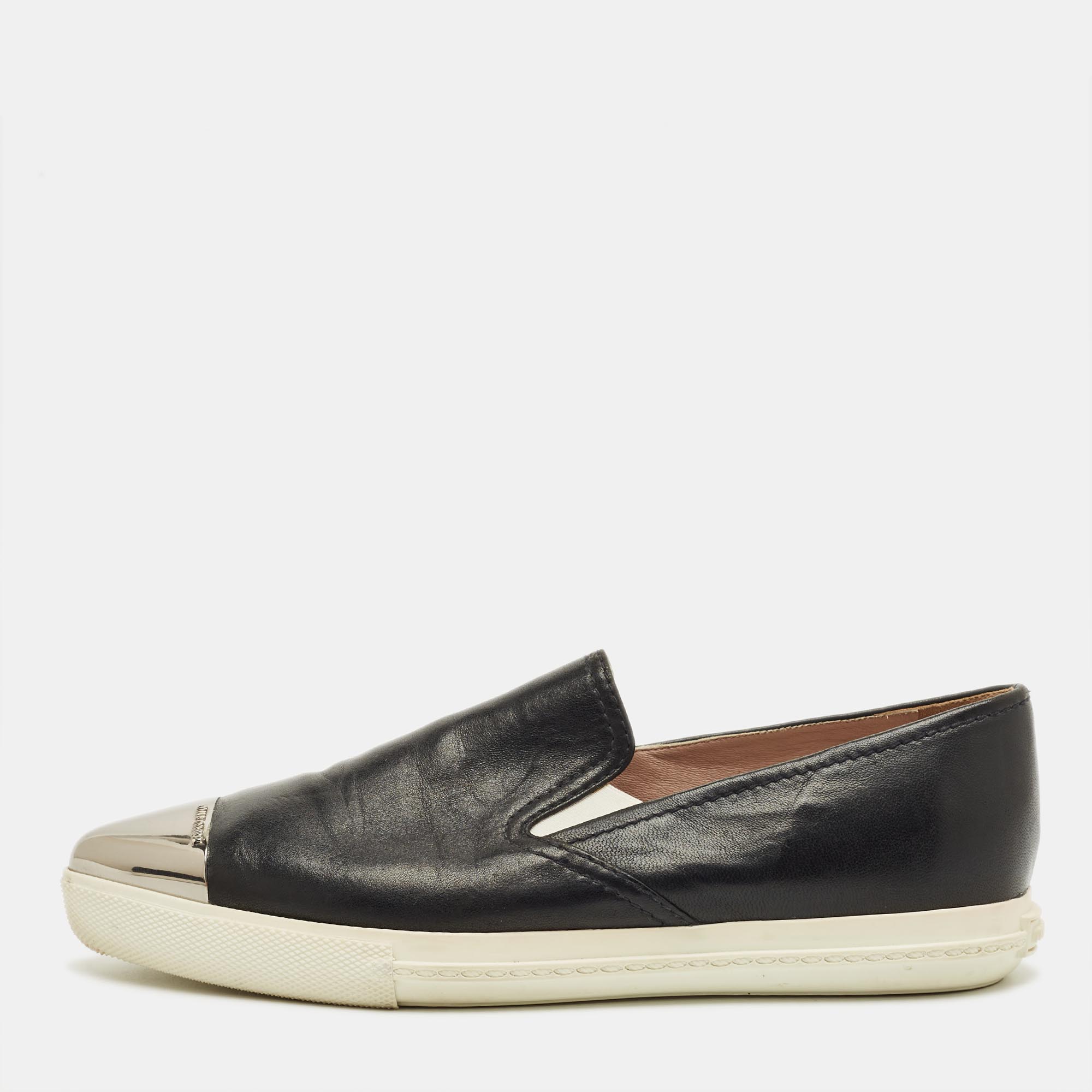 Pre-owned Miu Miu Black Leather Metal Cap Toe Slip On Sneakers Size 36