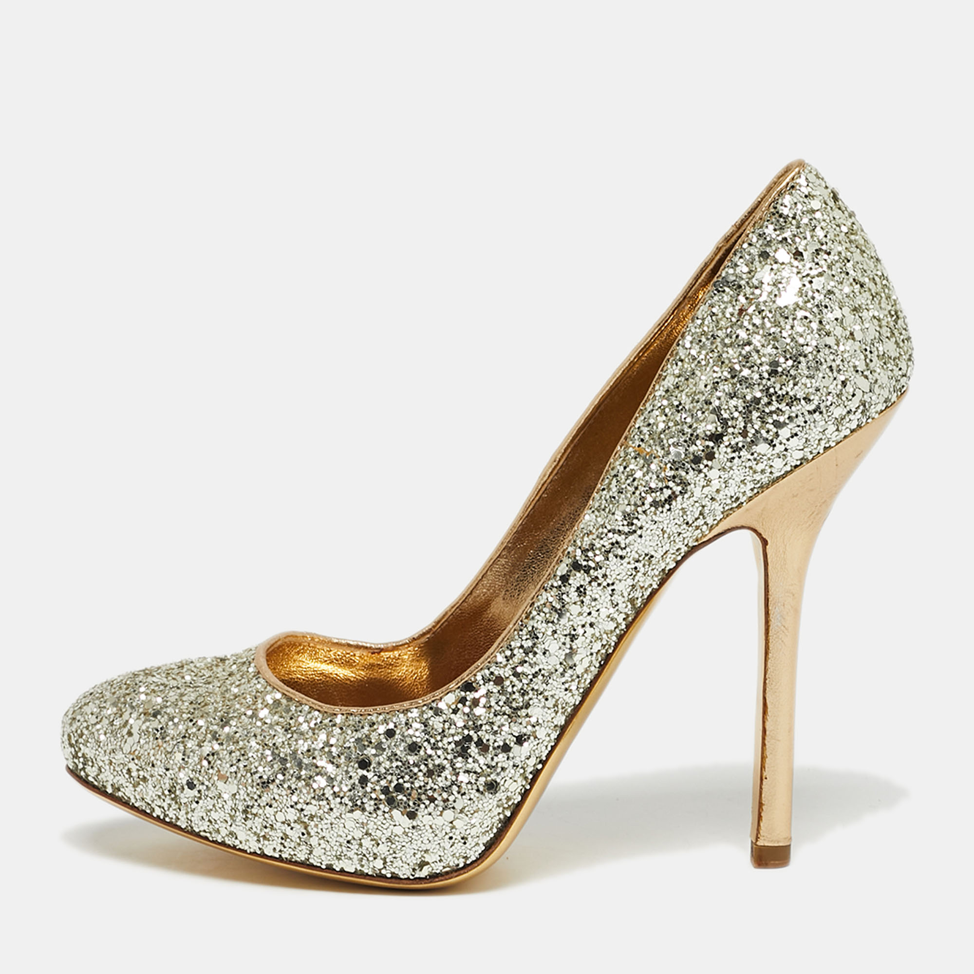 Pre-owned Miu Miu Gold Coarse Glitter Round Toe Pumps Size 37.5