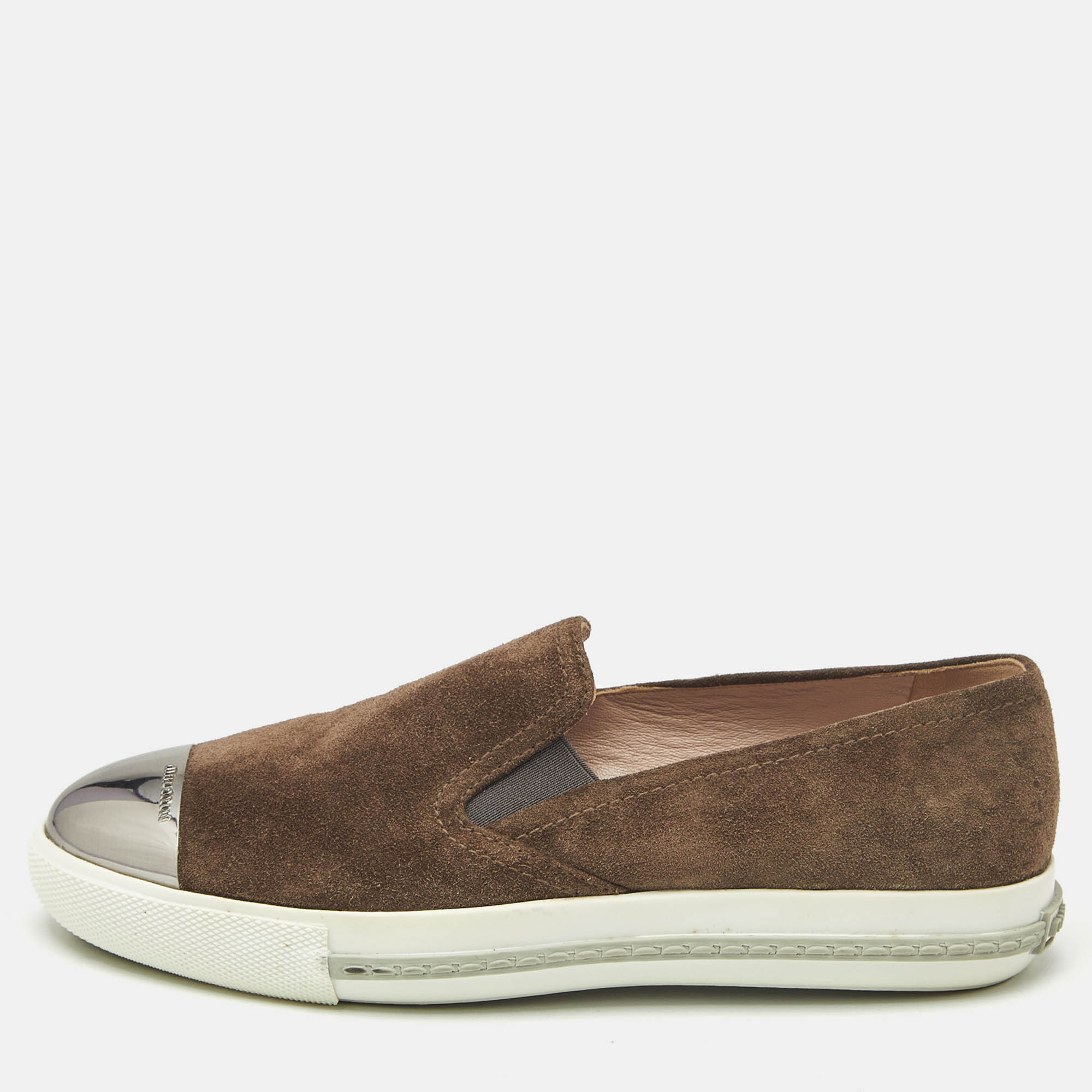 Pre-owned Miu Miu Brown Suede Metal Cap Toe Slip On Sneakers Size 37